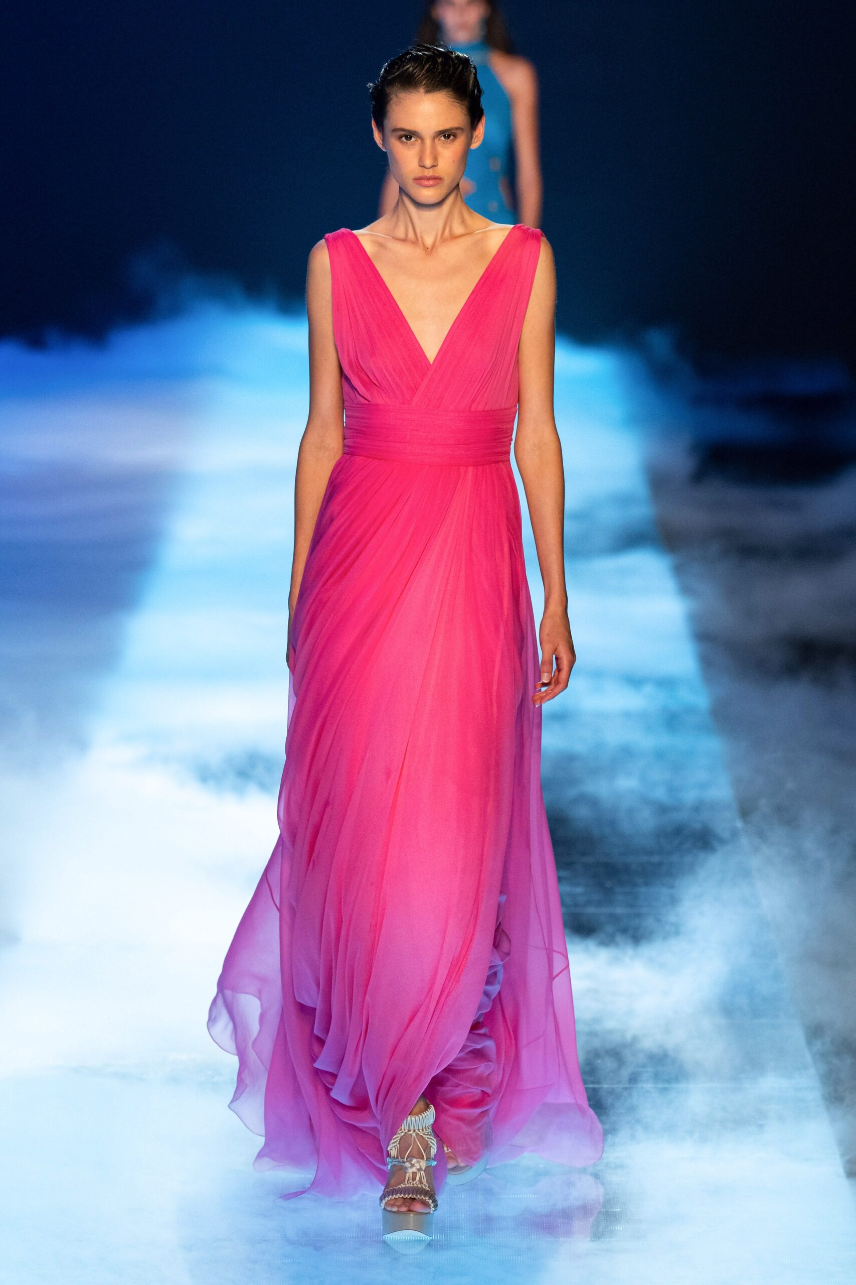 pink chiffon sleeveless gown