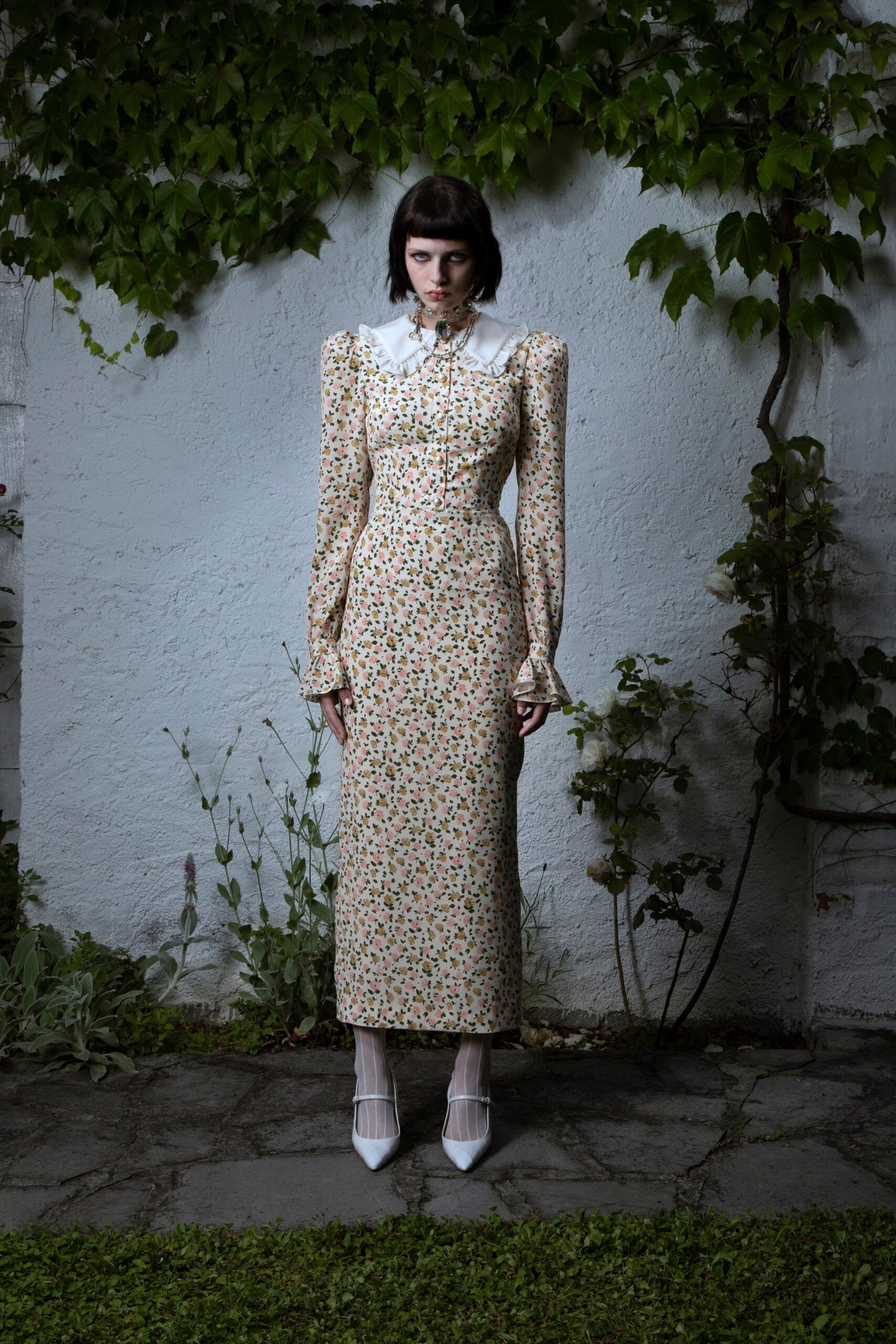 beige floral long-sleeve dress