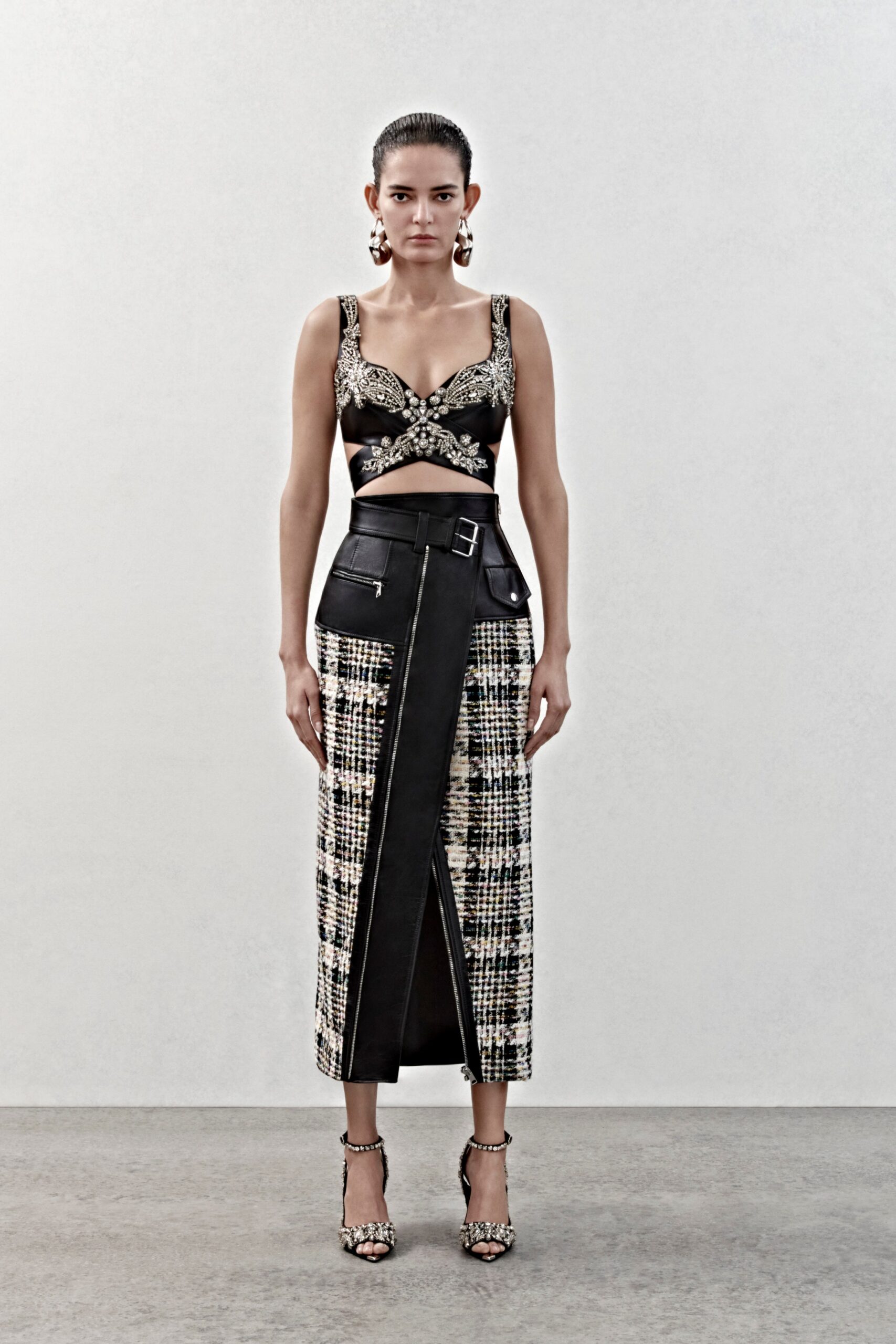 black gold embroidered bustier and midi skirt