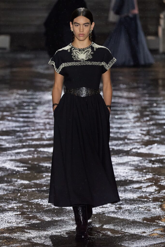 black embroidered midi dress with belt