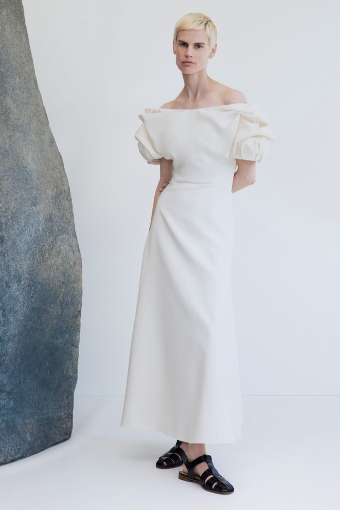white silk off-shoulder gown