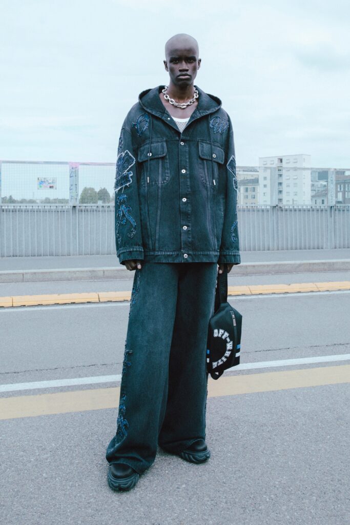 oversized denim jacket with wide-leg pants