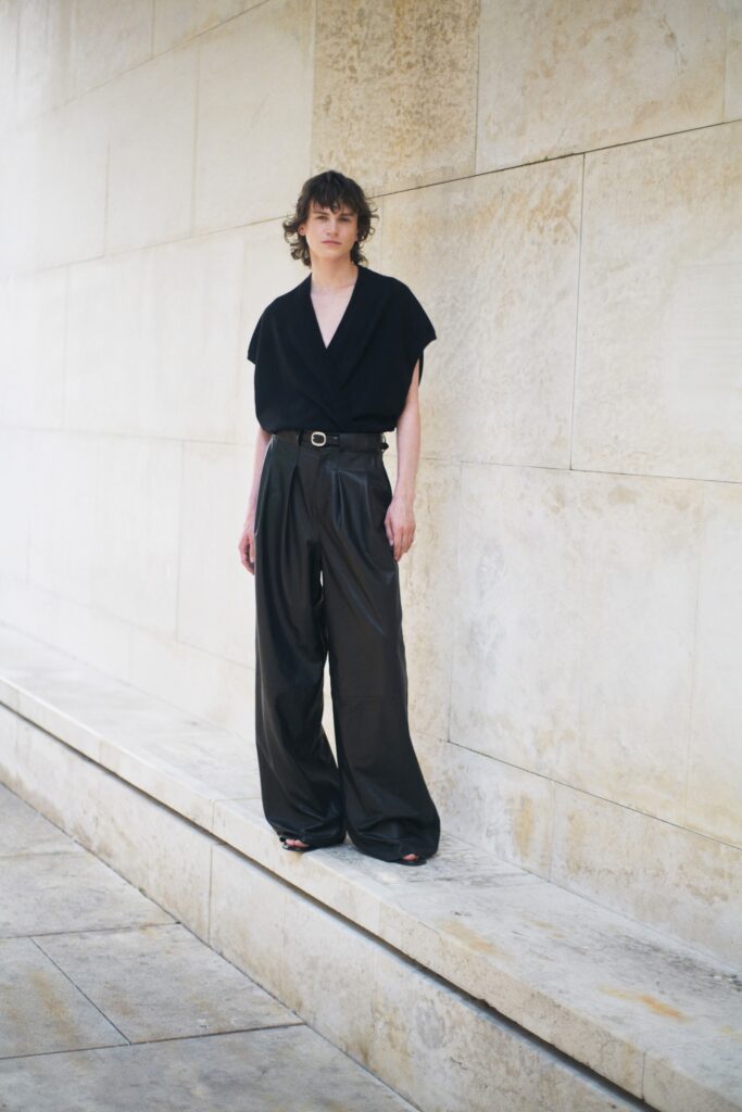 black silk top and leather pants