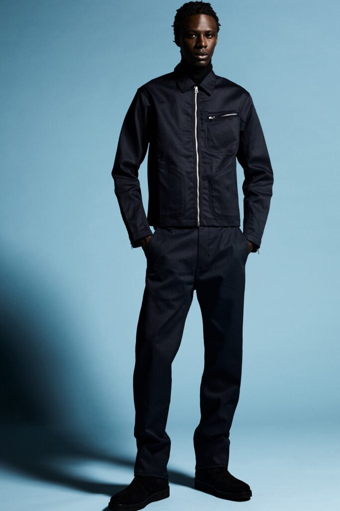 black fitted denim jacket and pants