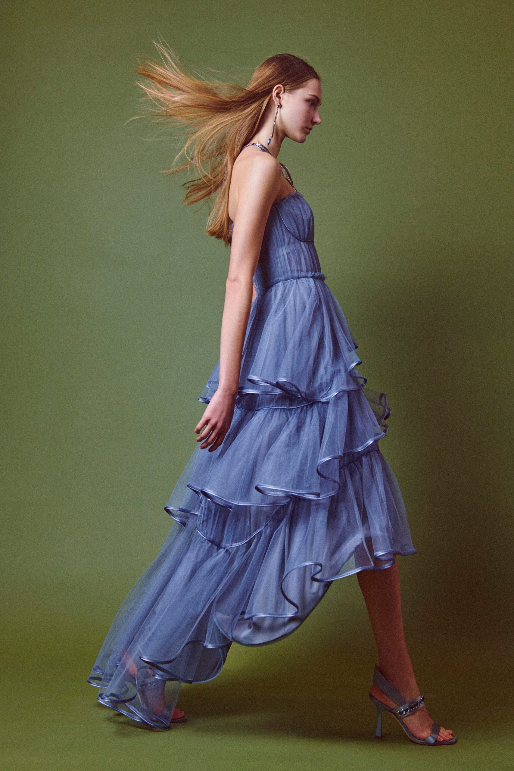 blue chiffon tiered maxi dress