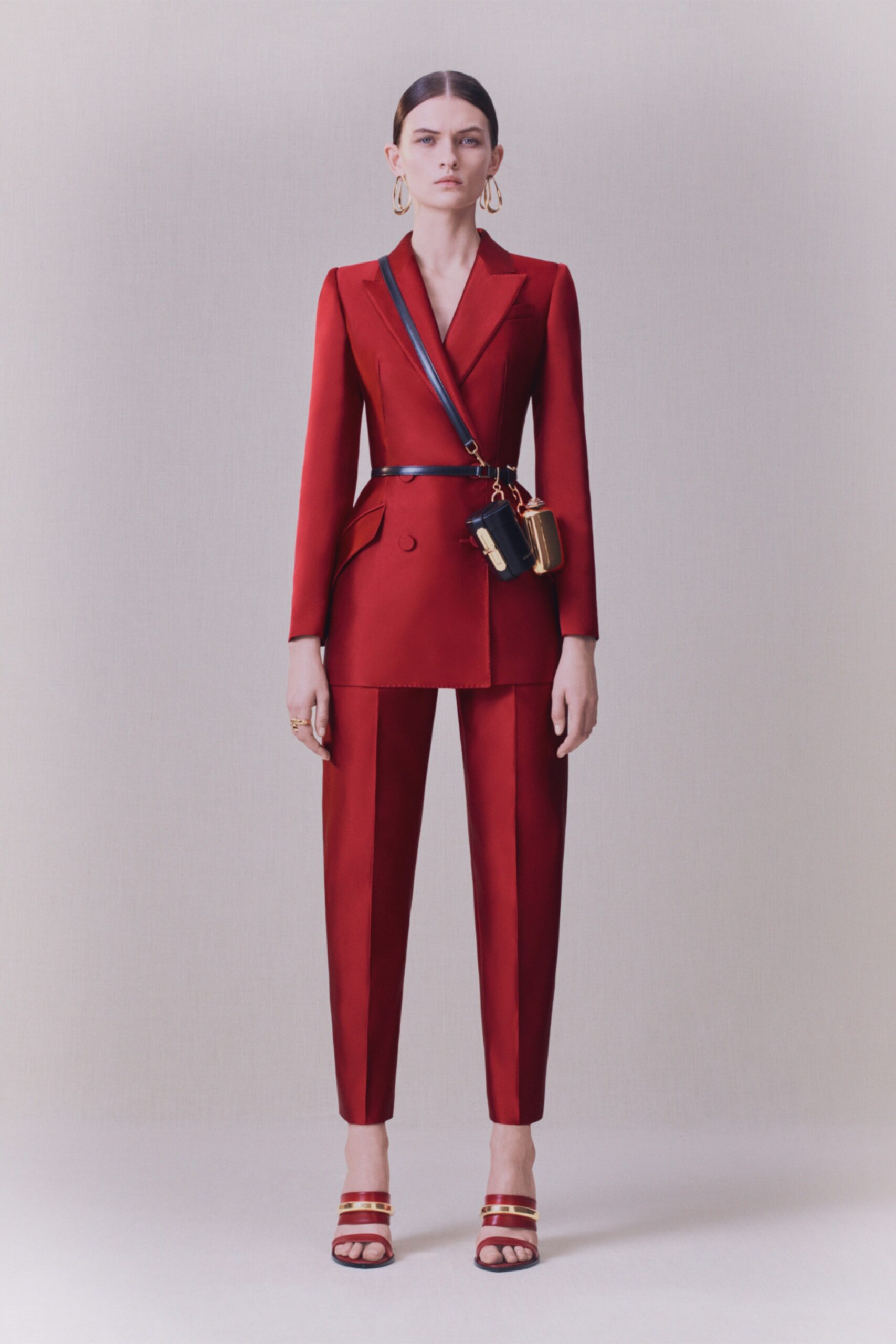 red silk long-sleeve collared tailored buttoned suit