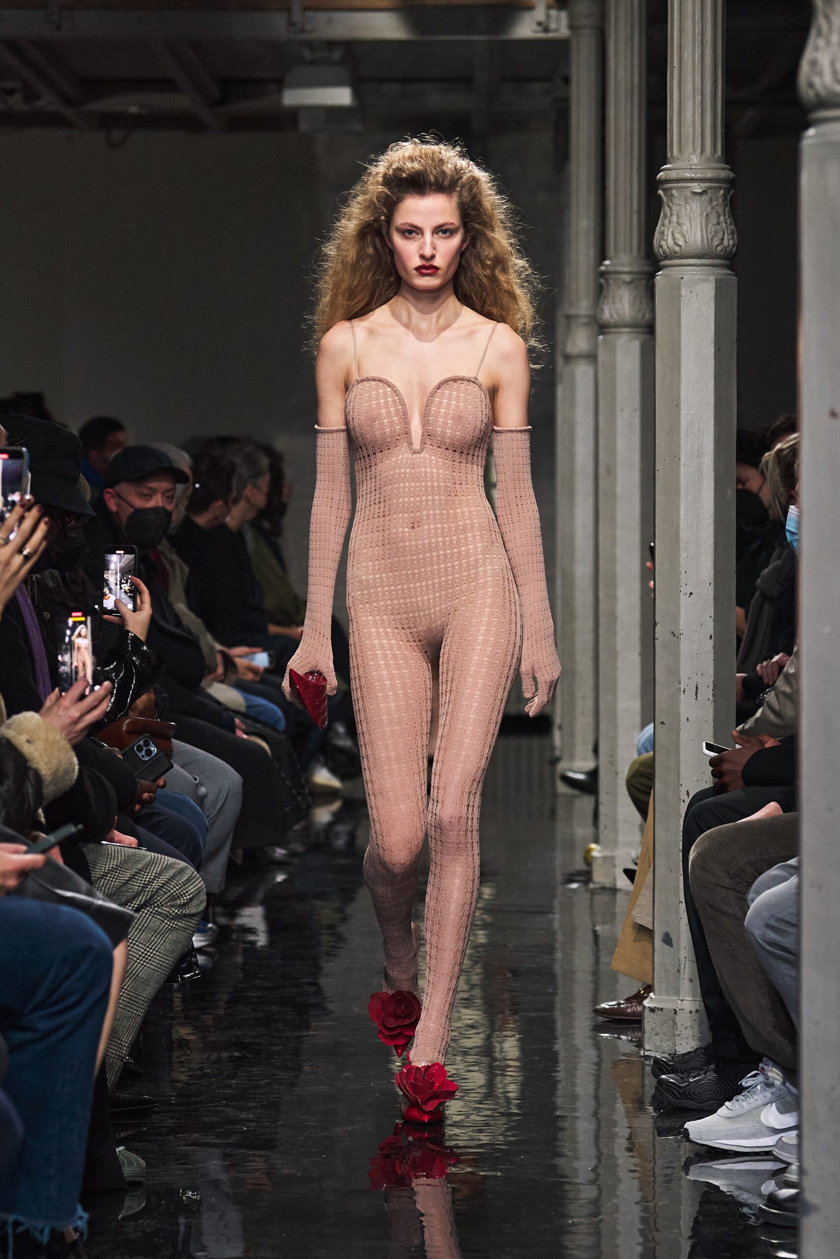 beige mesh fitted catsuit