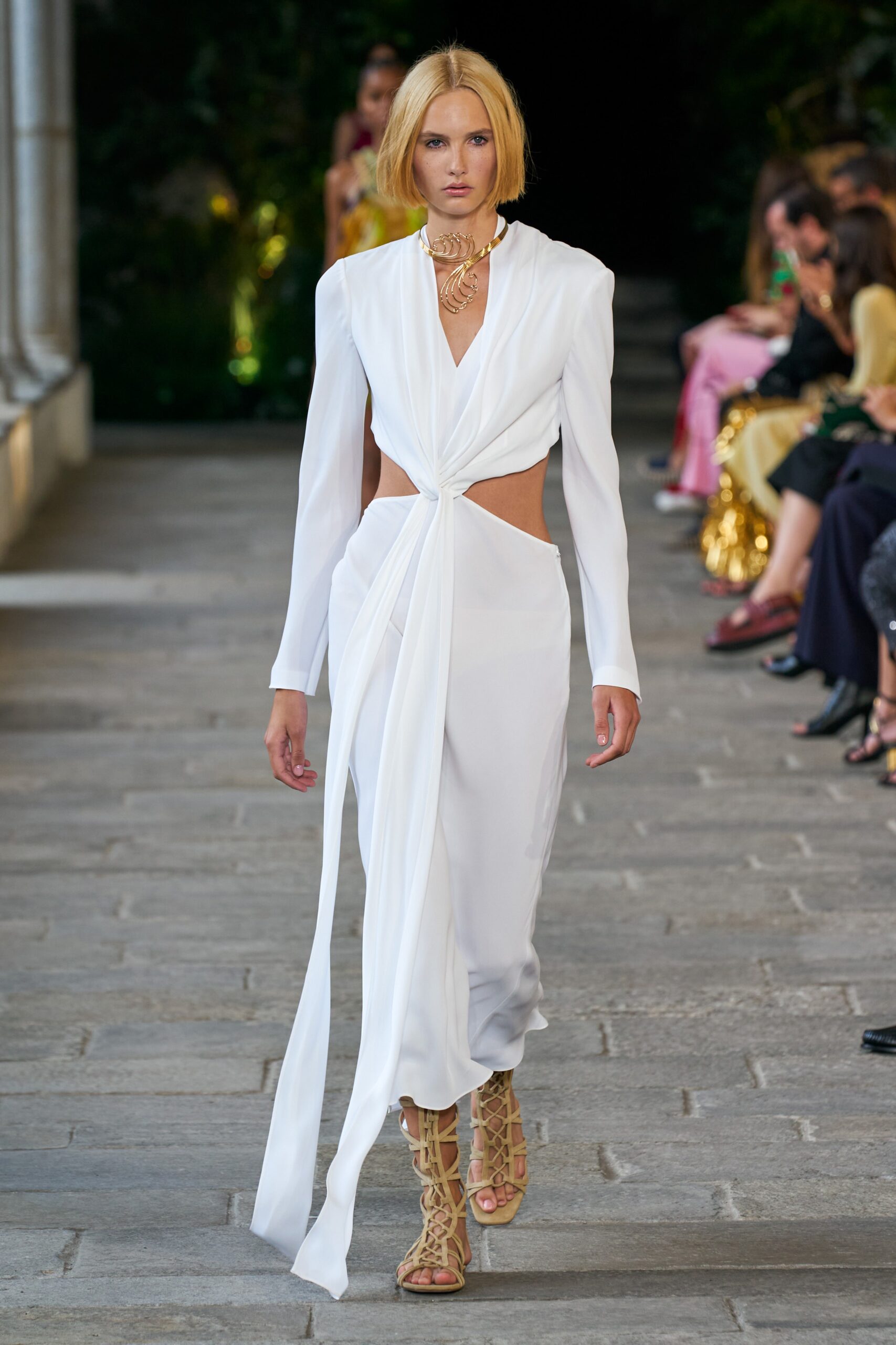 white silk fitted dress