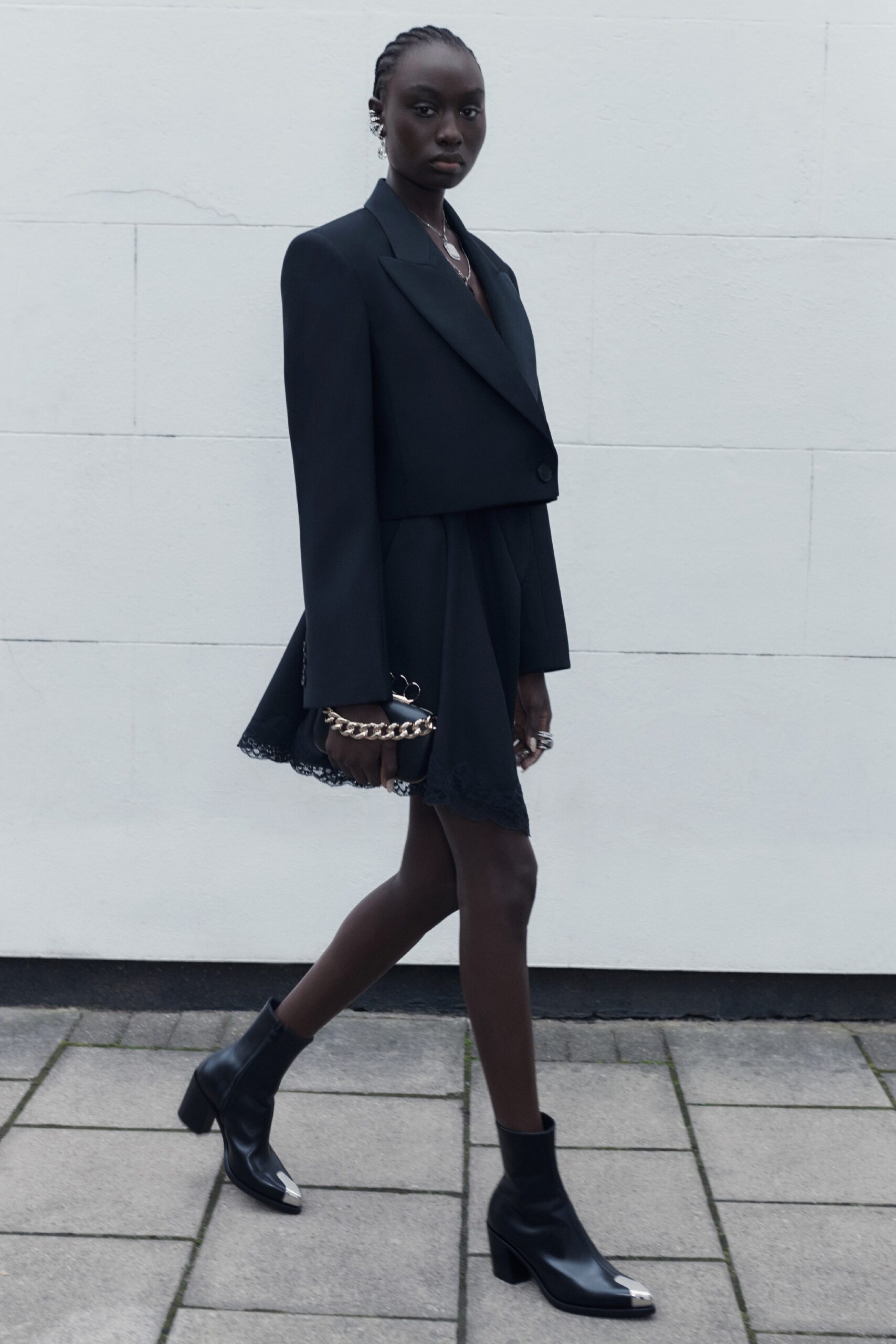 black tailored blazer and mini dress