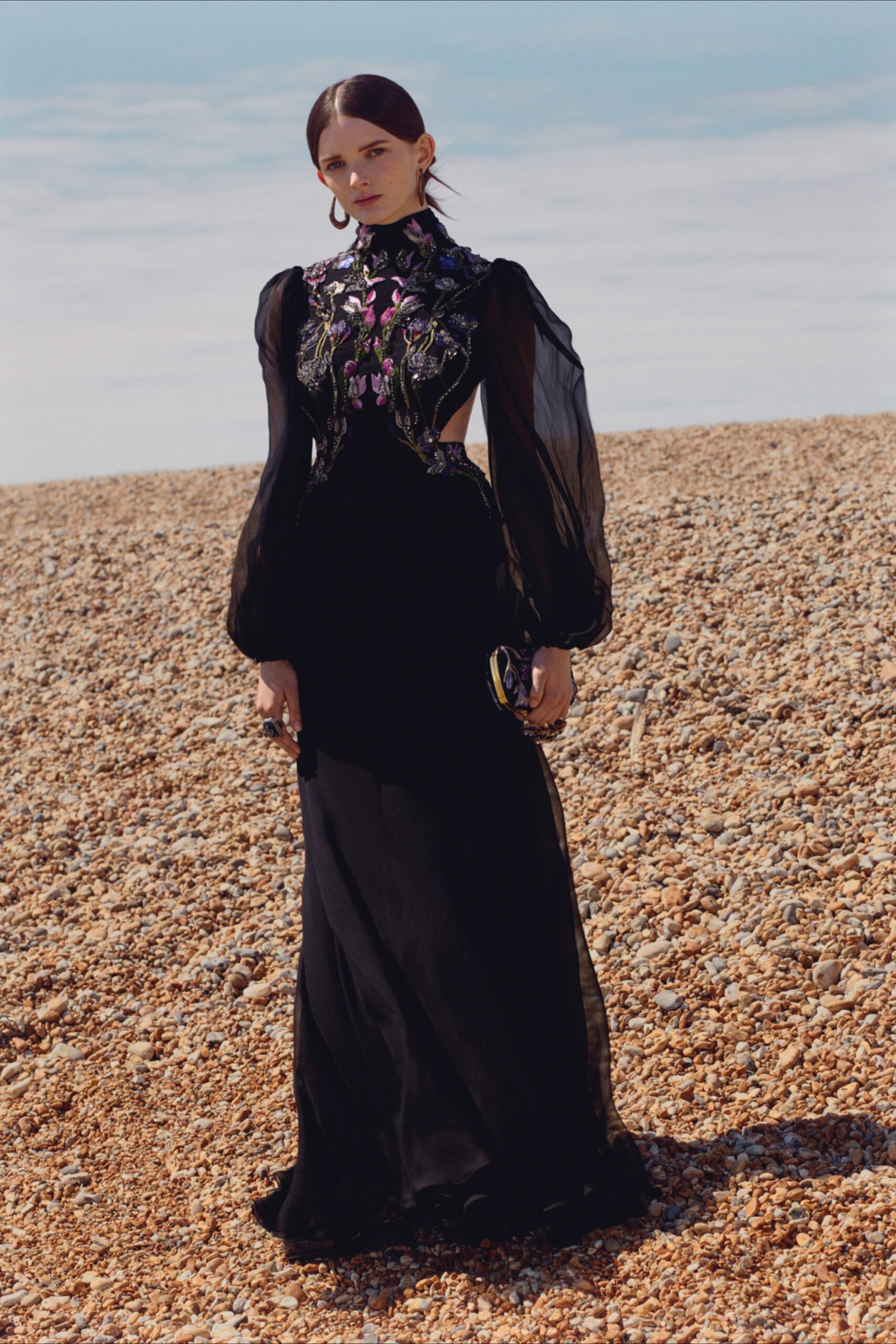 black silk embroidered gown