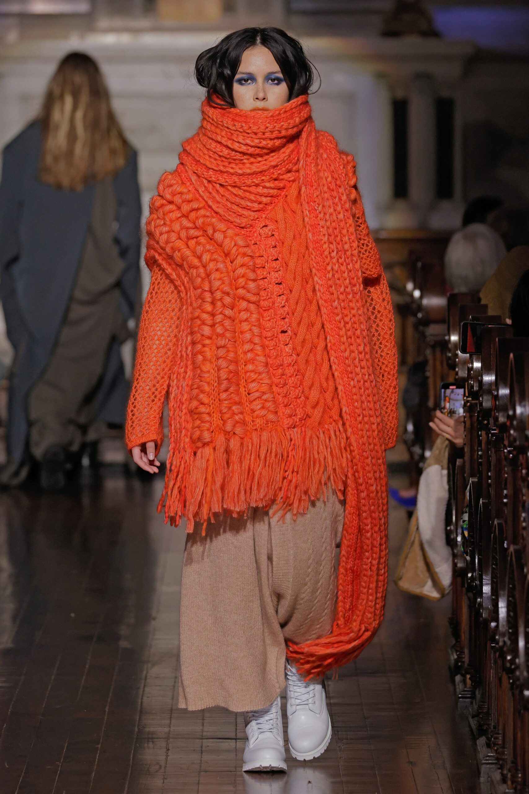 oversized orange sweater with wide-leg pants