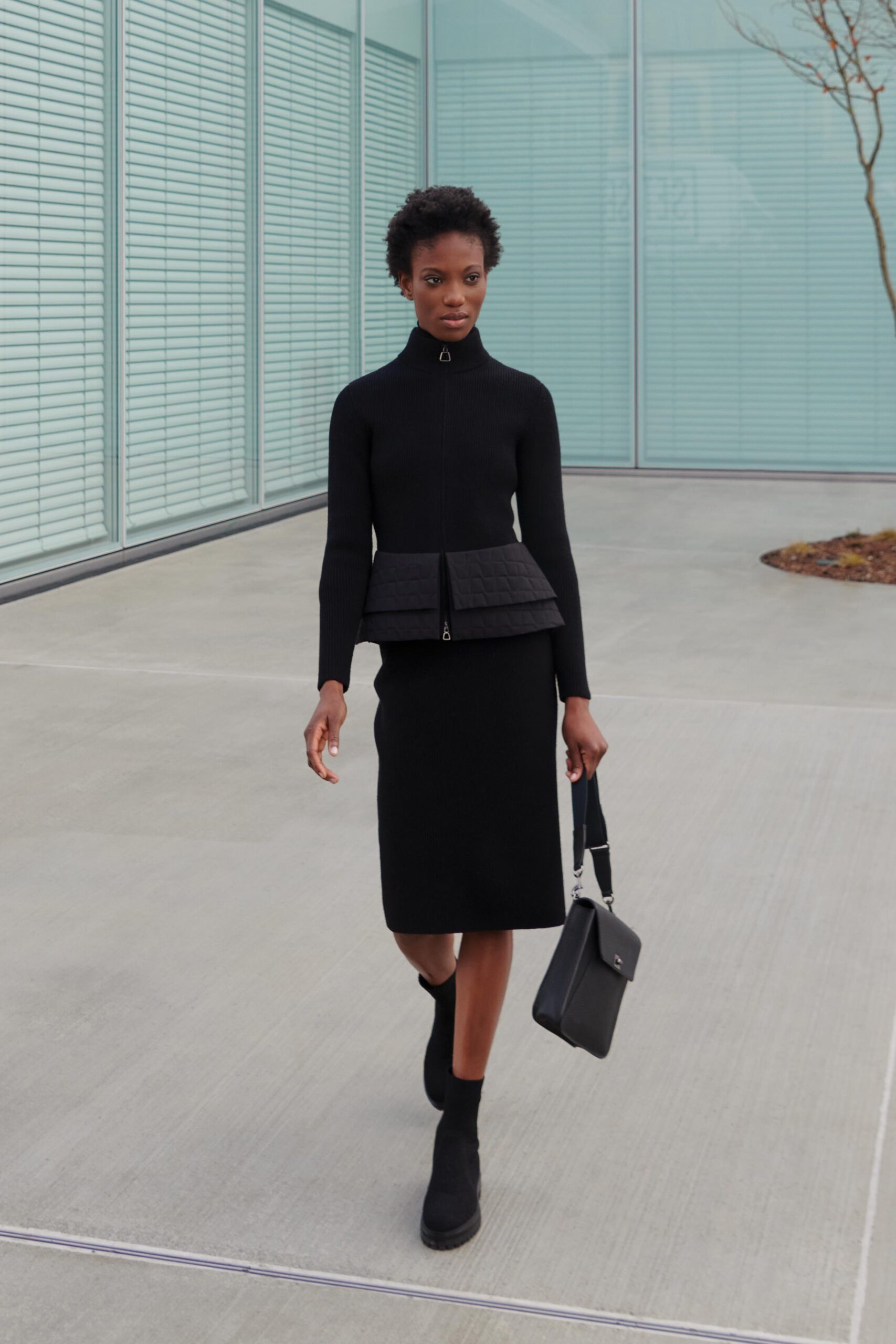 black wool long-sleeve structured zippered layered coat