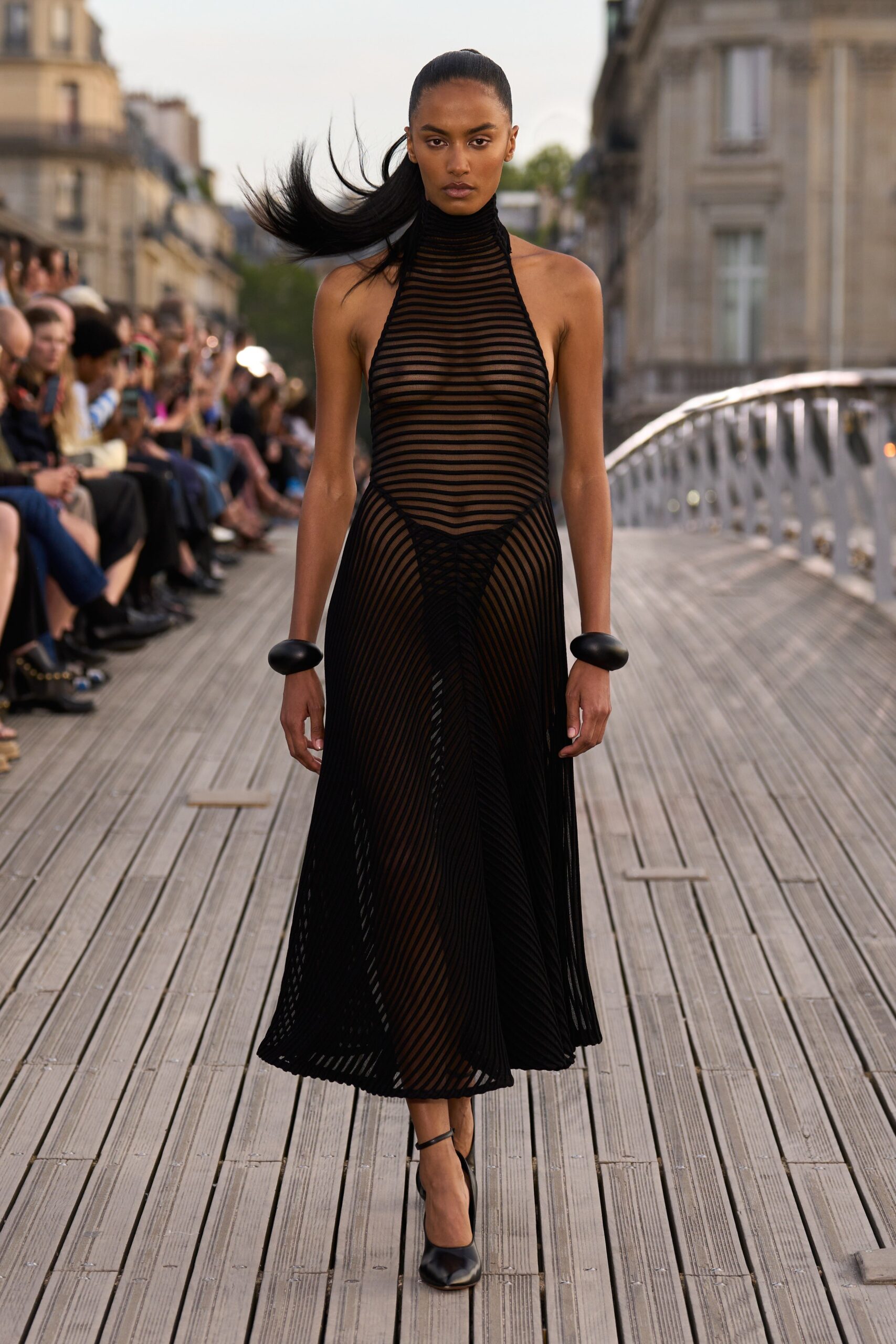 black sheer striped midi dress