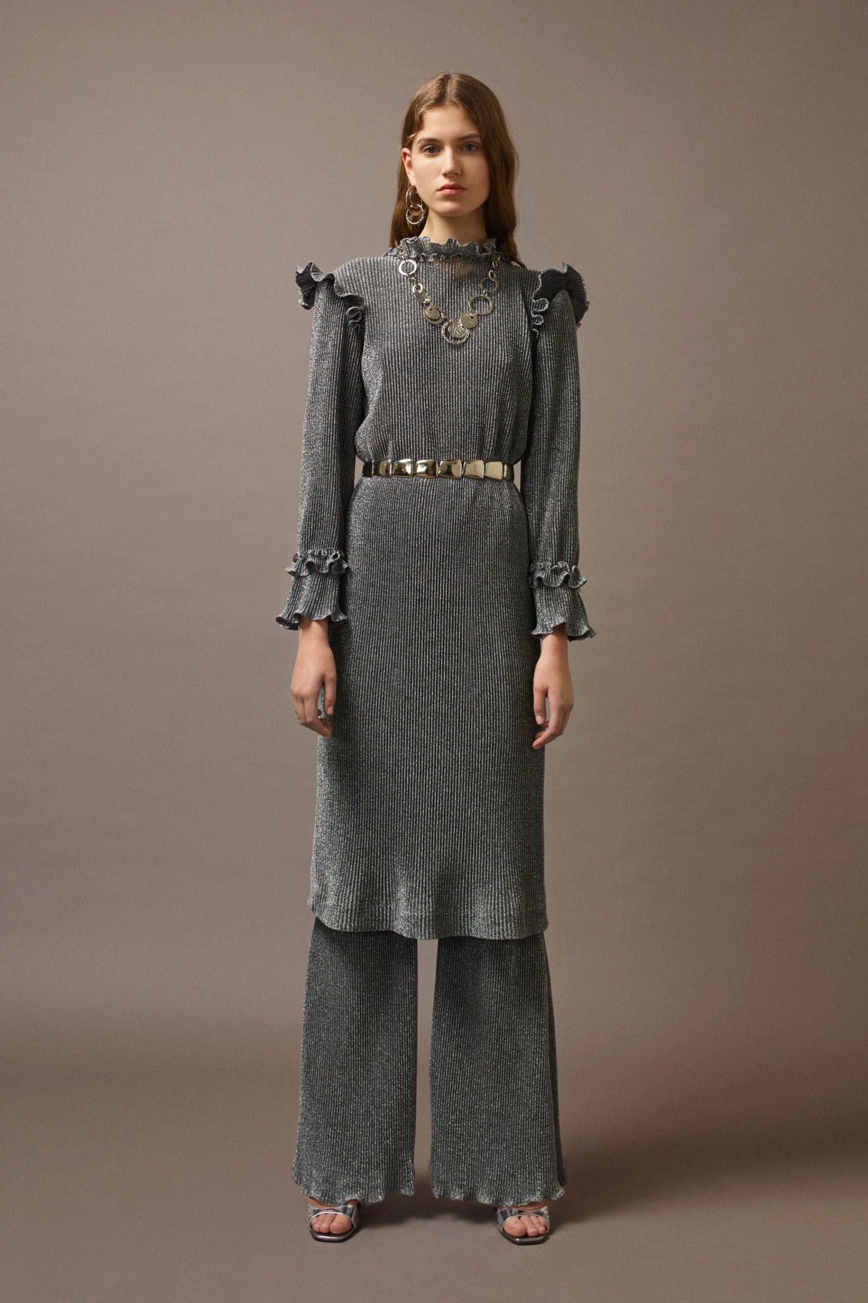 gray metallic long-sleeve high-neck fitted ruffled tiered dress