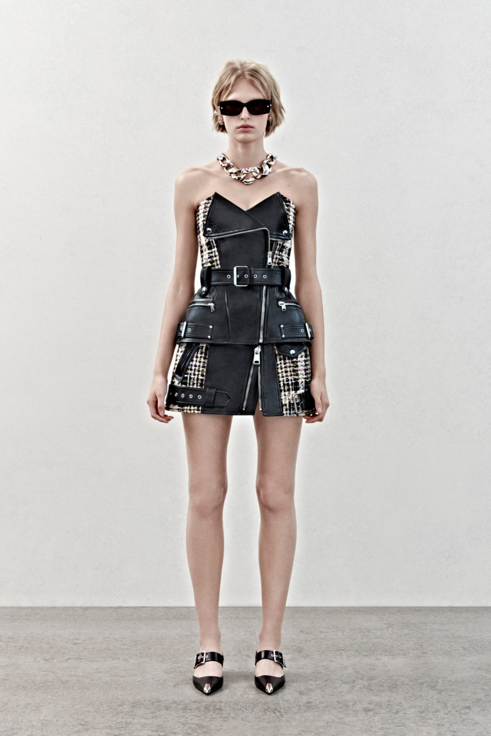 fitted black leather mini dress