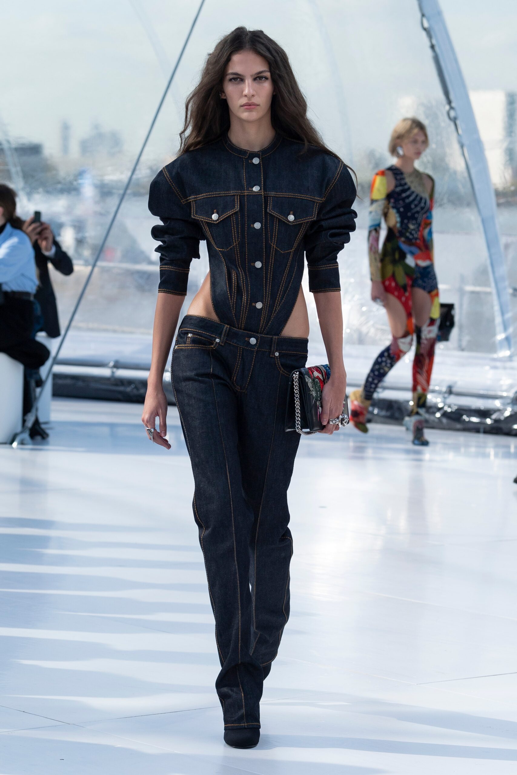 fitted blue denim jacket and pants