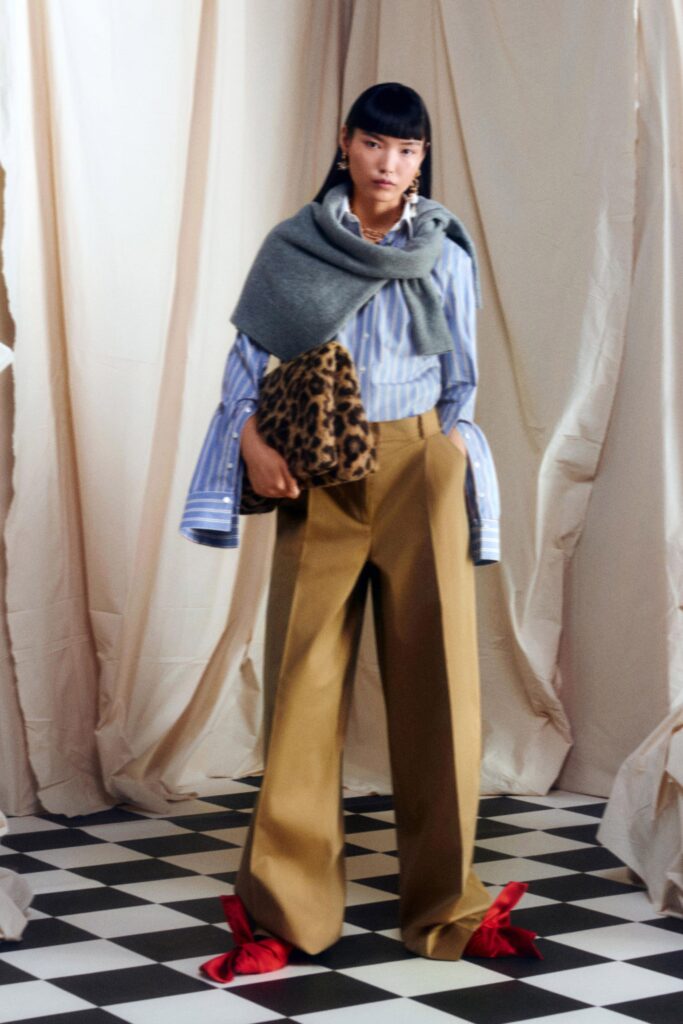 blue striped shirt beige pants