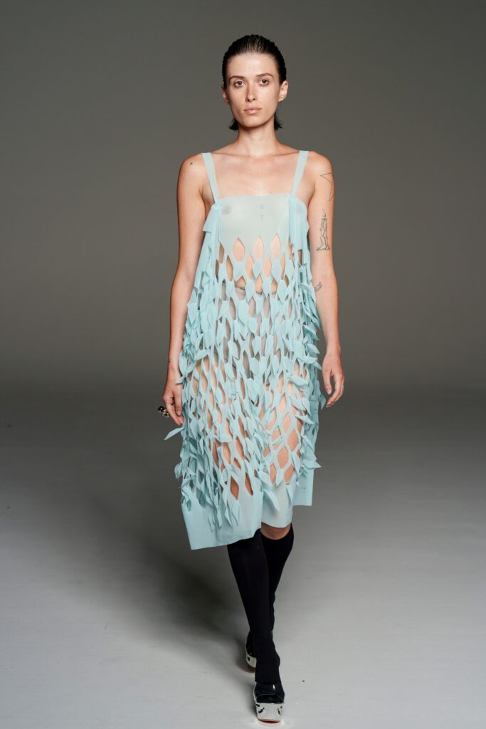 blue silk sleeveless dress