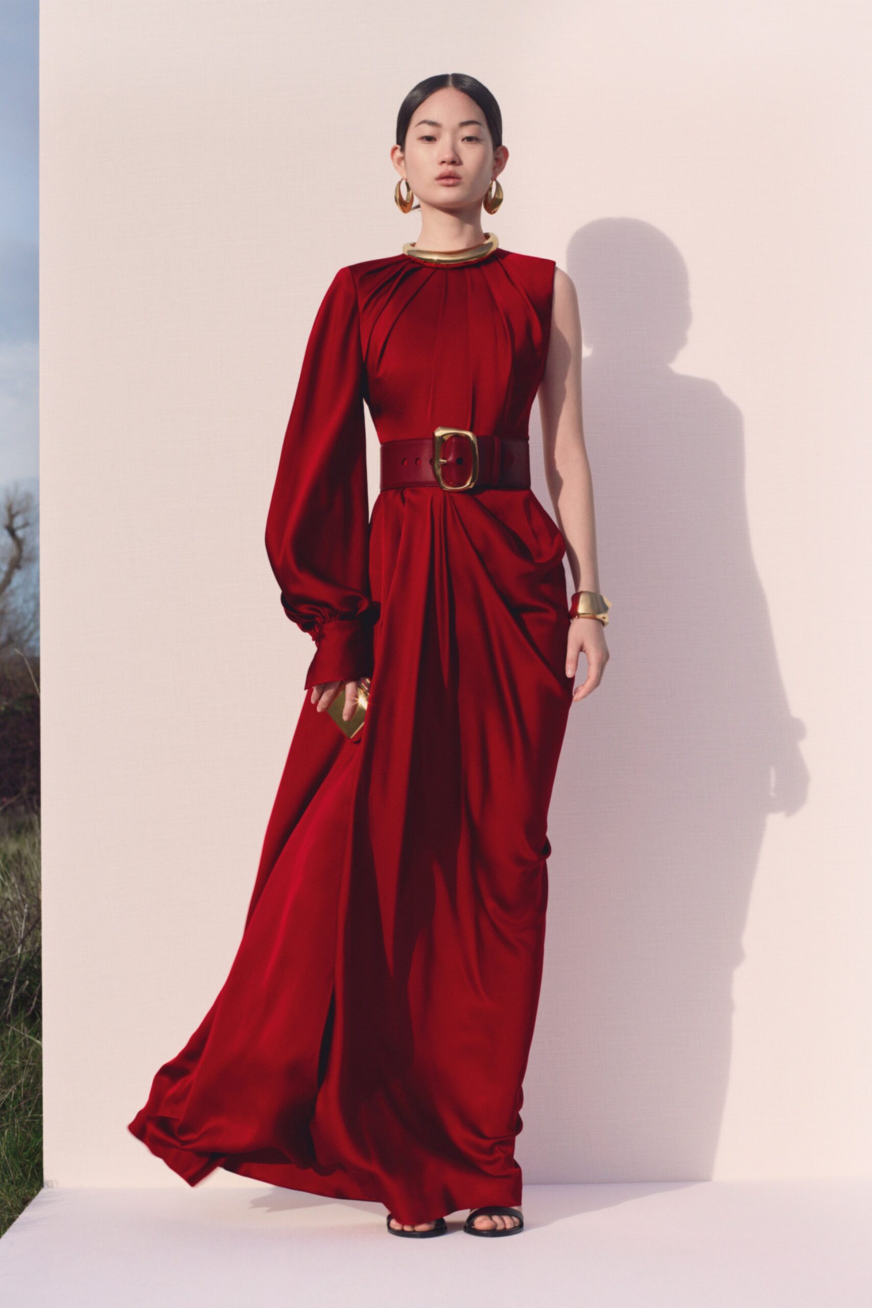 red silk fitted gown