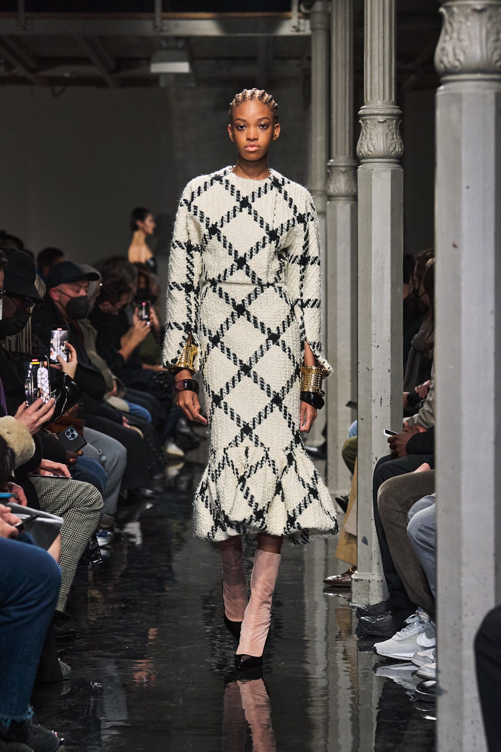 white wool long-sleeve high-neck fitted checked flared dress