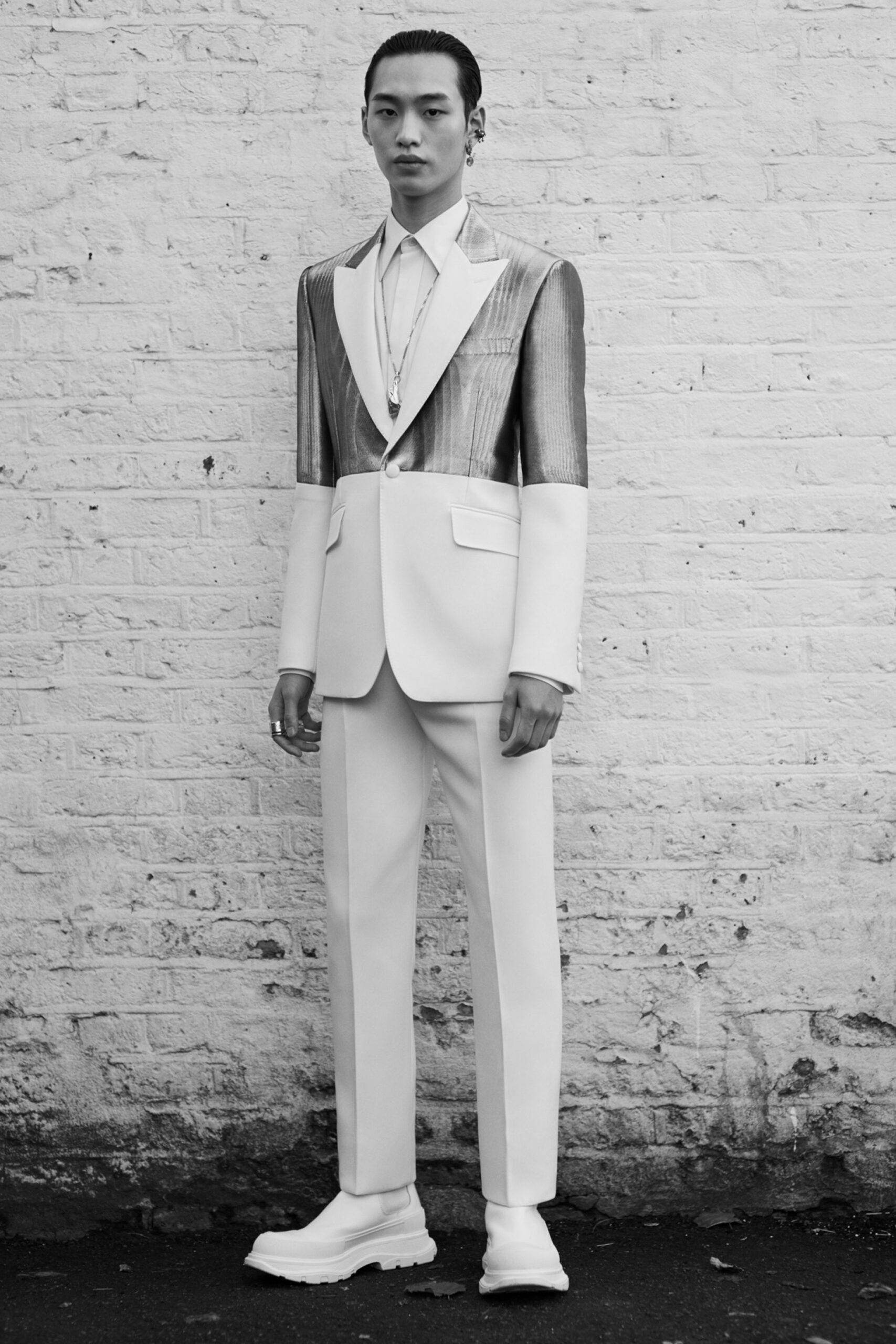 tailored white suit with chunky shoes