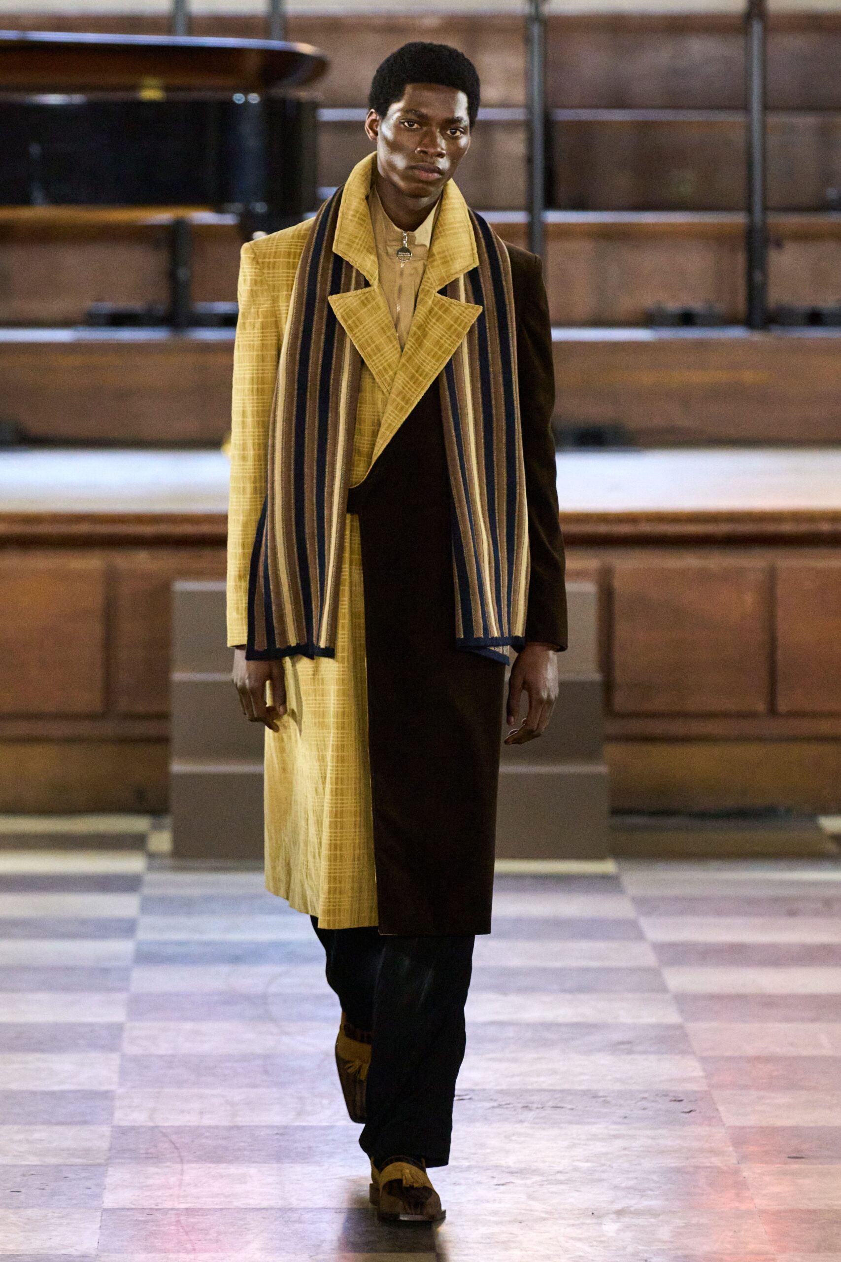 brown and yellow tailored coat