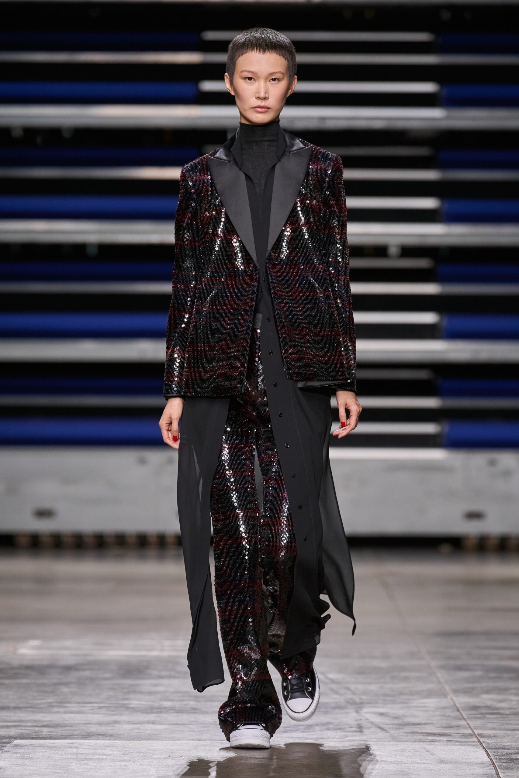 black and red sequined suit