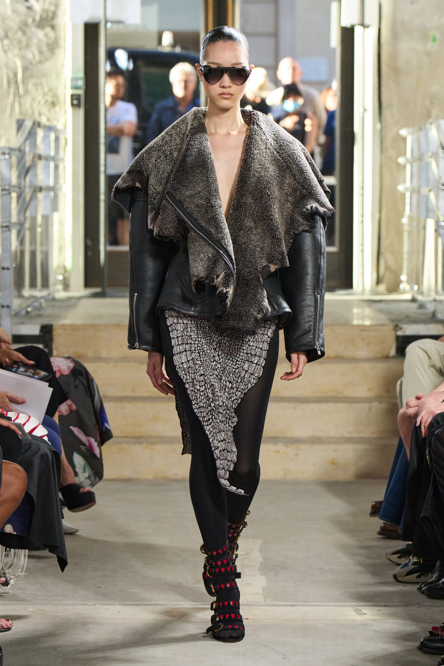 fitted black and gray jacket with layered skirt