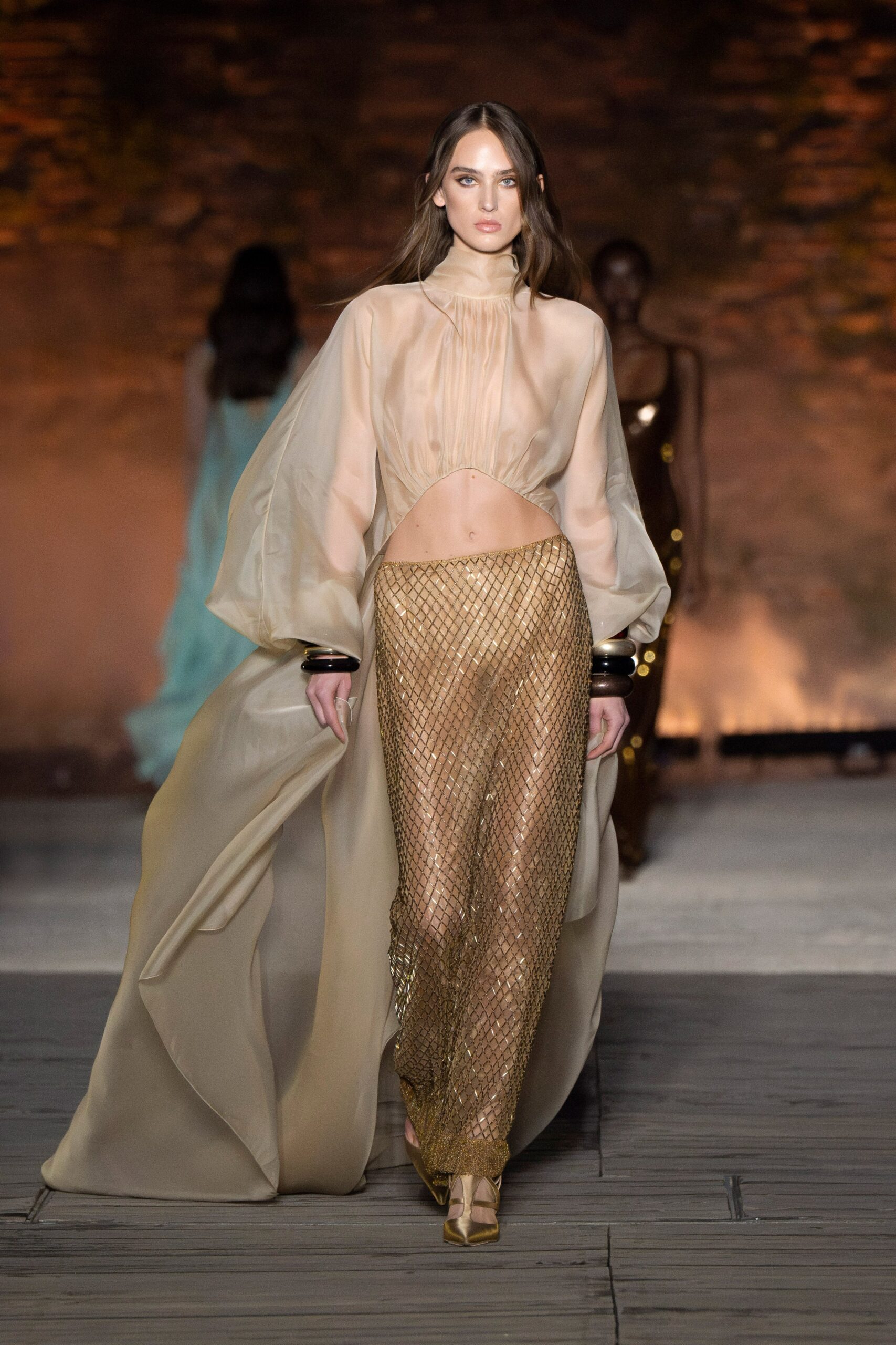 beige silk cutout dress with gold skirt