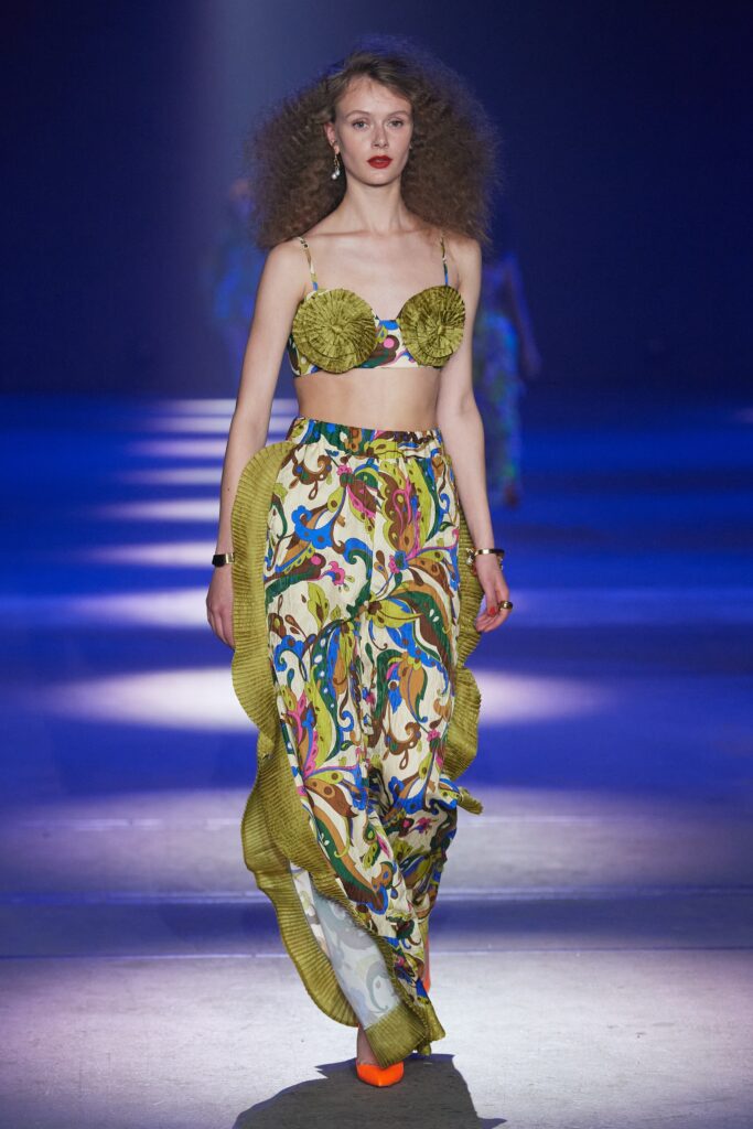 colorful ruffled crop-top and maxi skirt