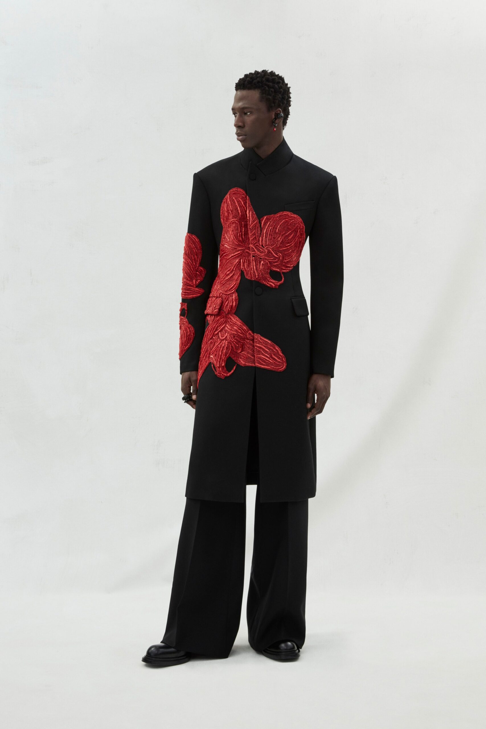 black tailored coat with embroidery