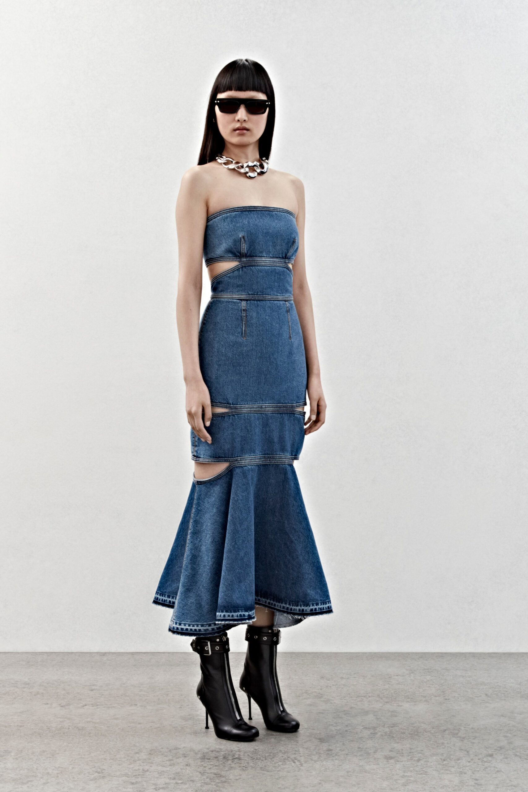 blue denim strapless cutout fitted flared midi dress