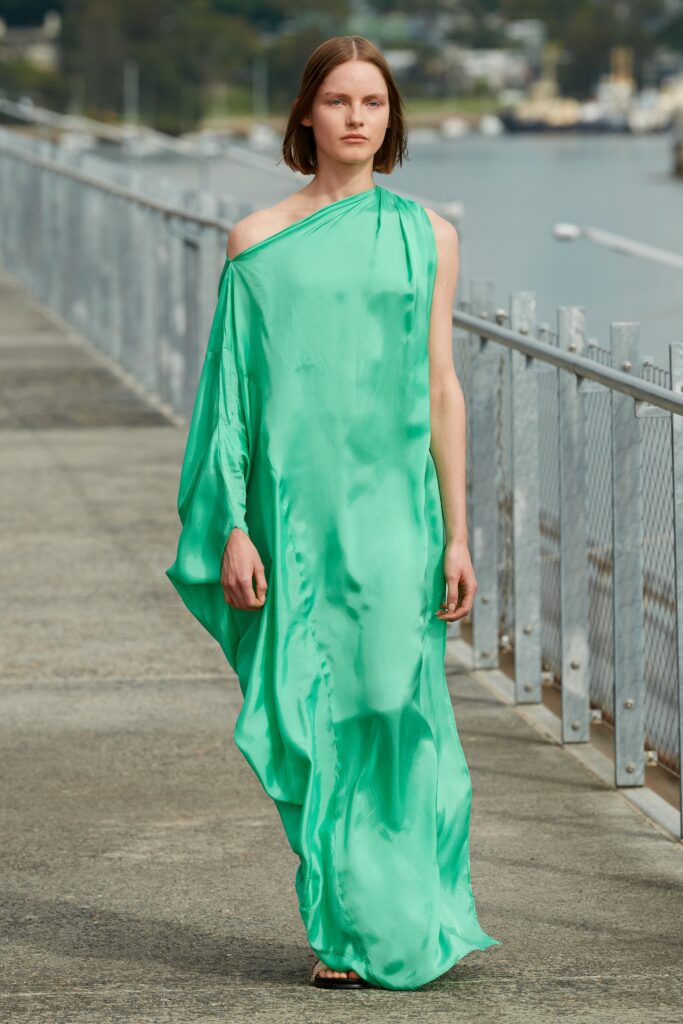 green silk asymmetric gown