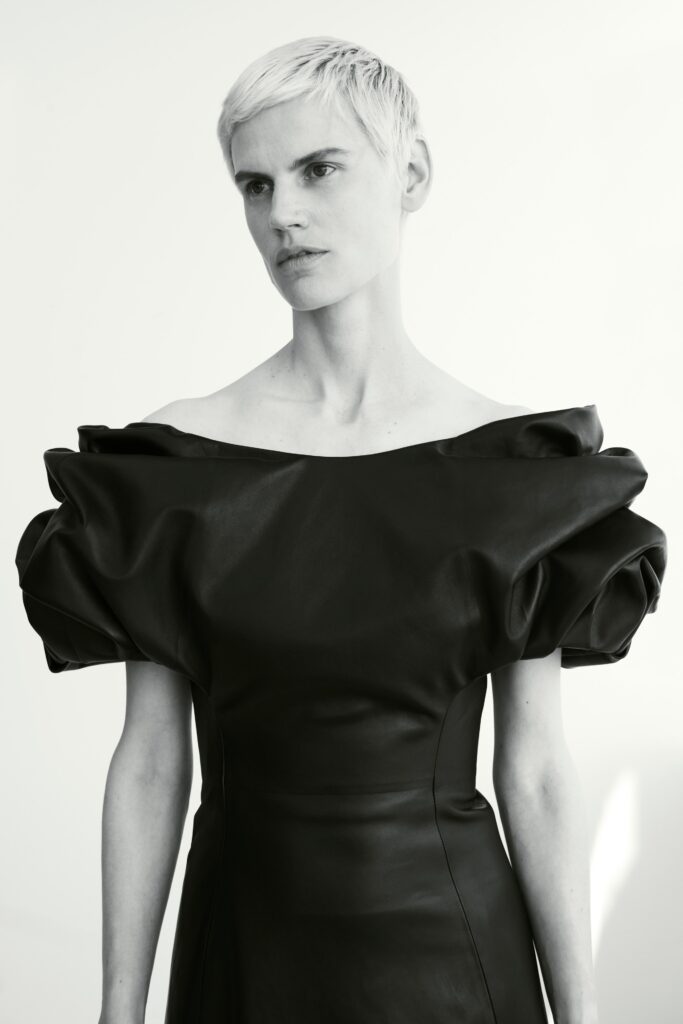 black leather off-shoulder dress