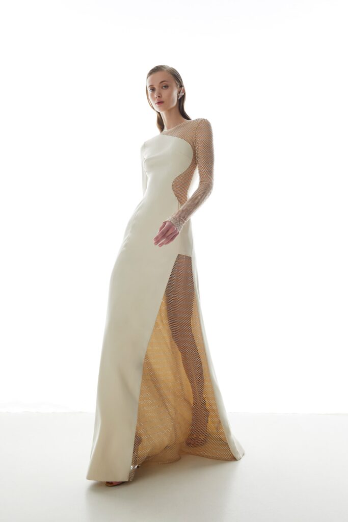 white fitted gown with mesh