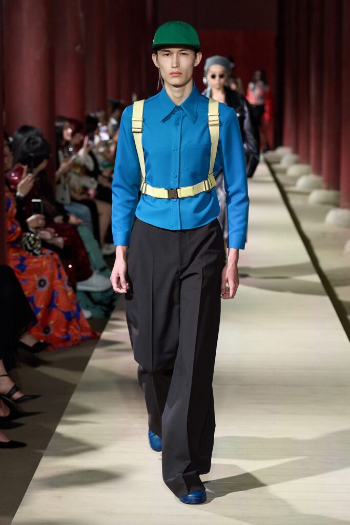 blue relaxed shirt with black pants