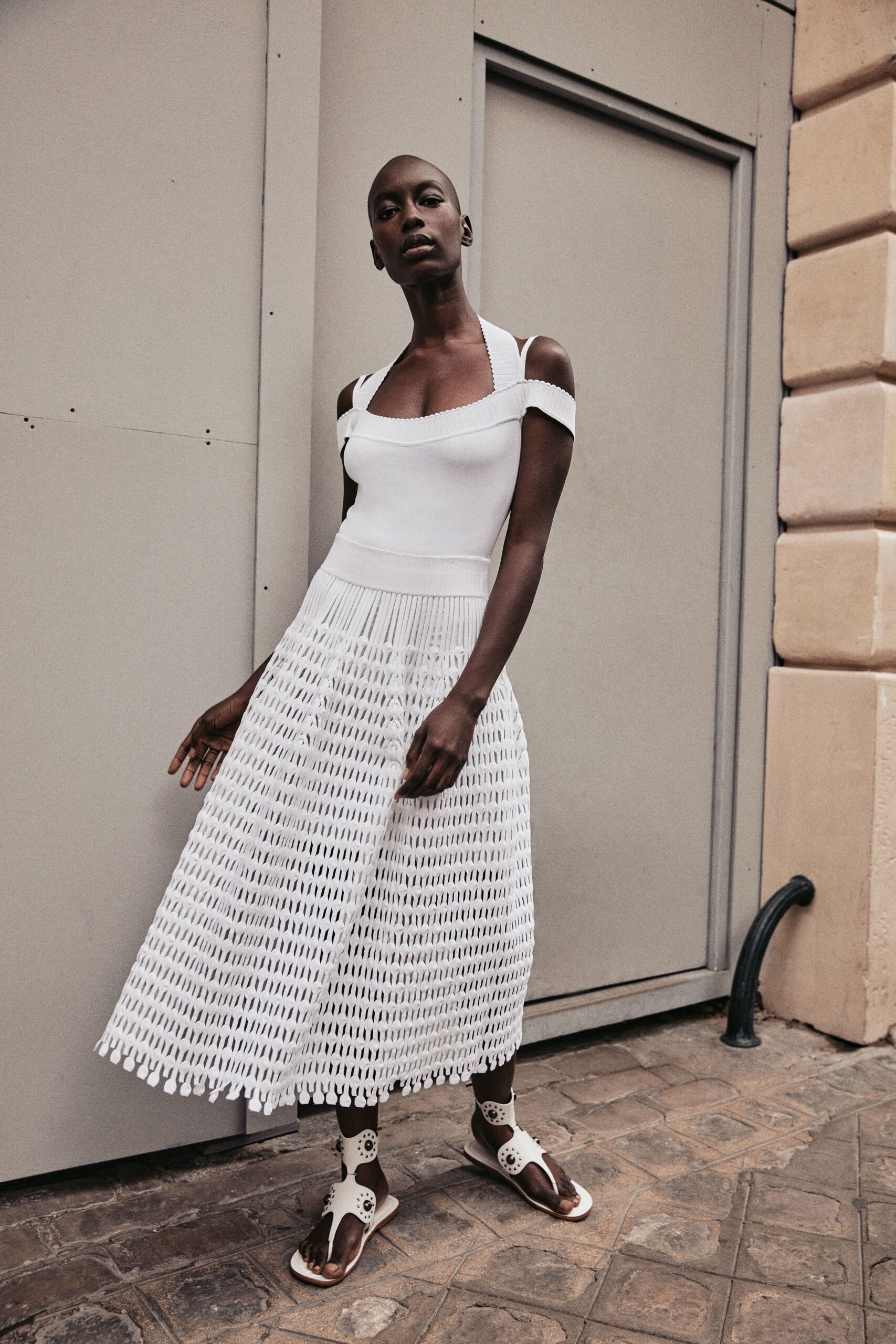 white off-shoulder tiered dress