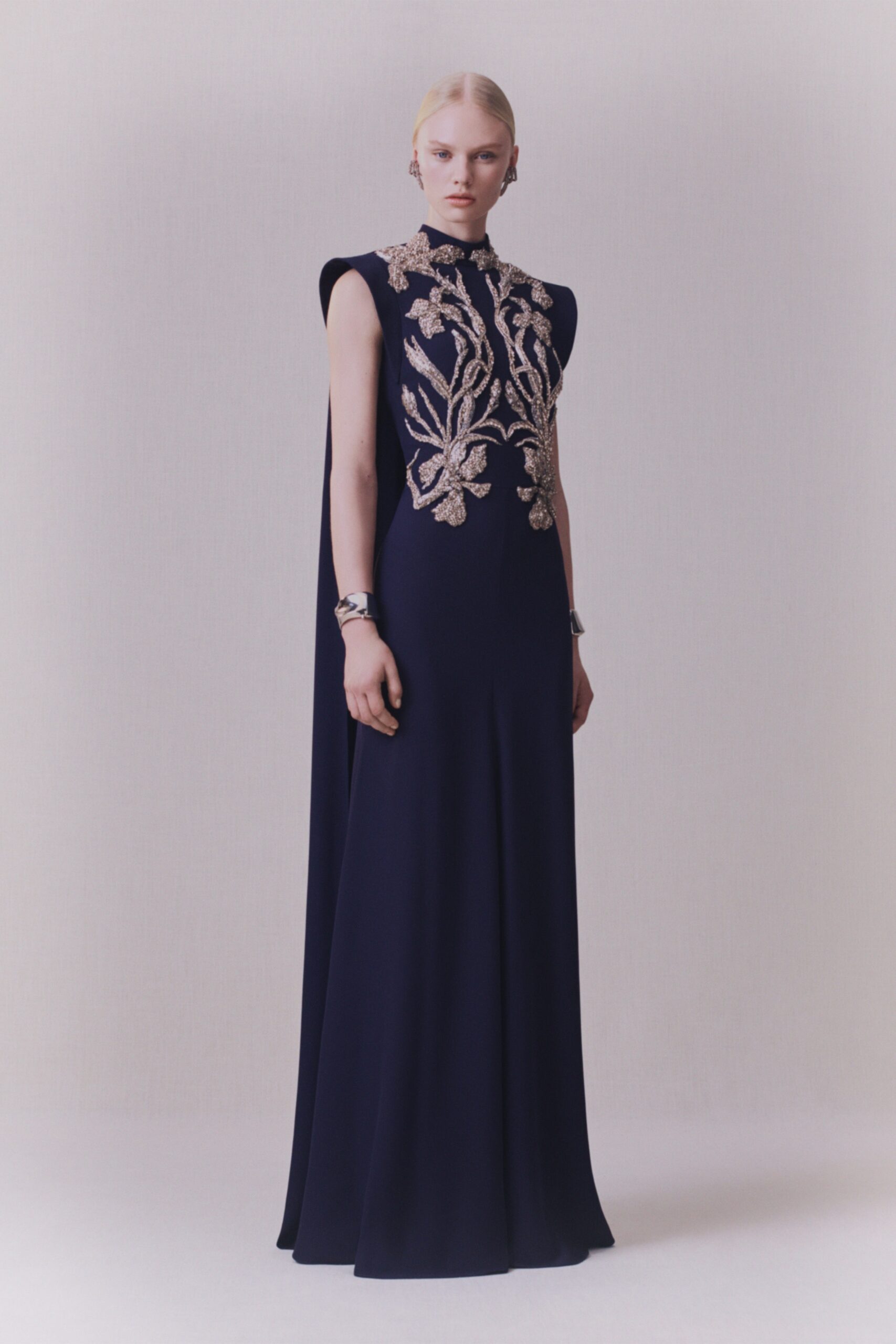 navy silk embroidered gown