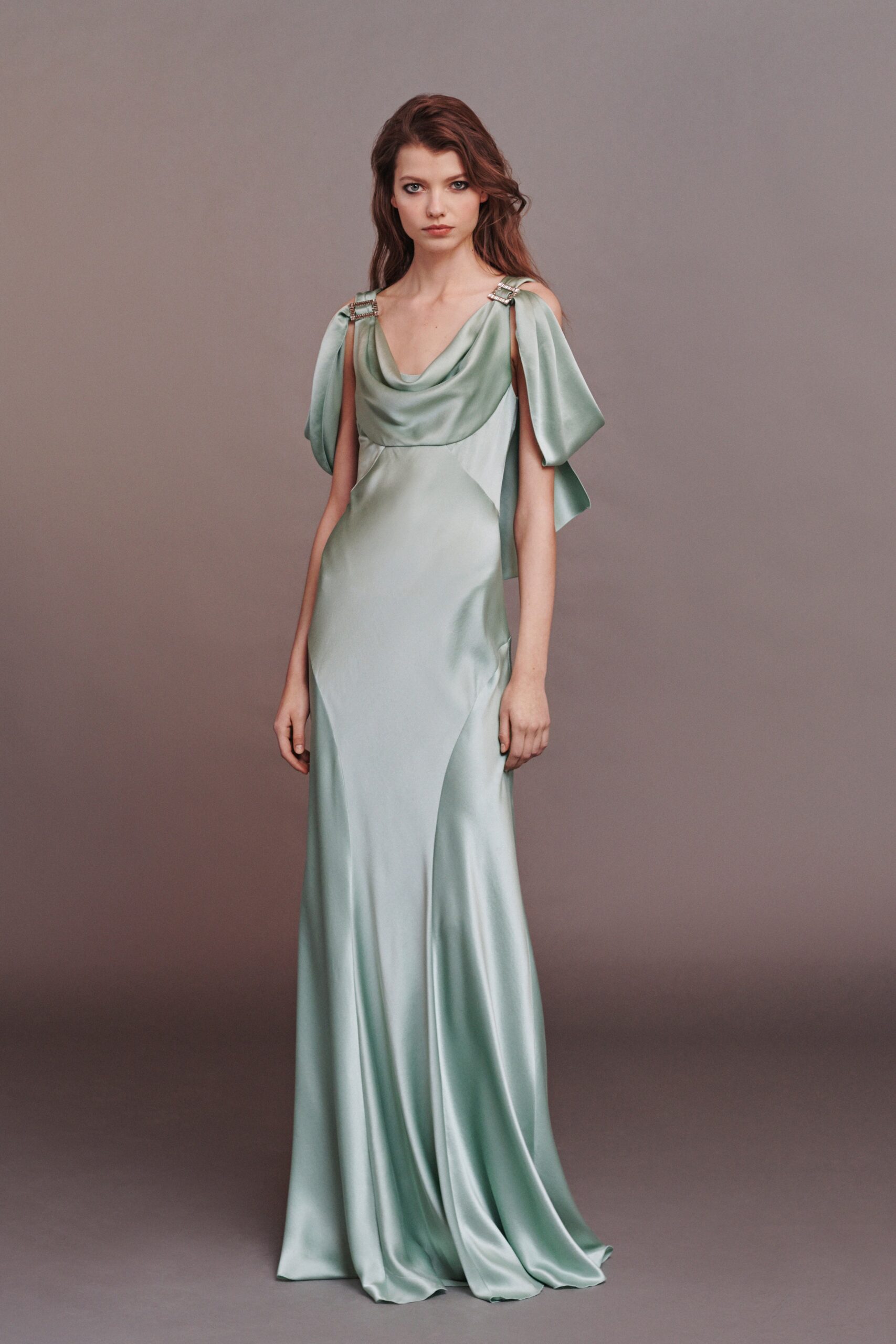 green silk fitted gown