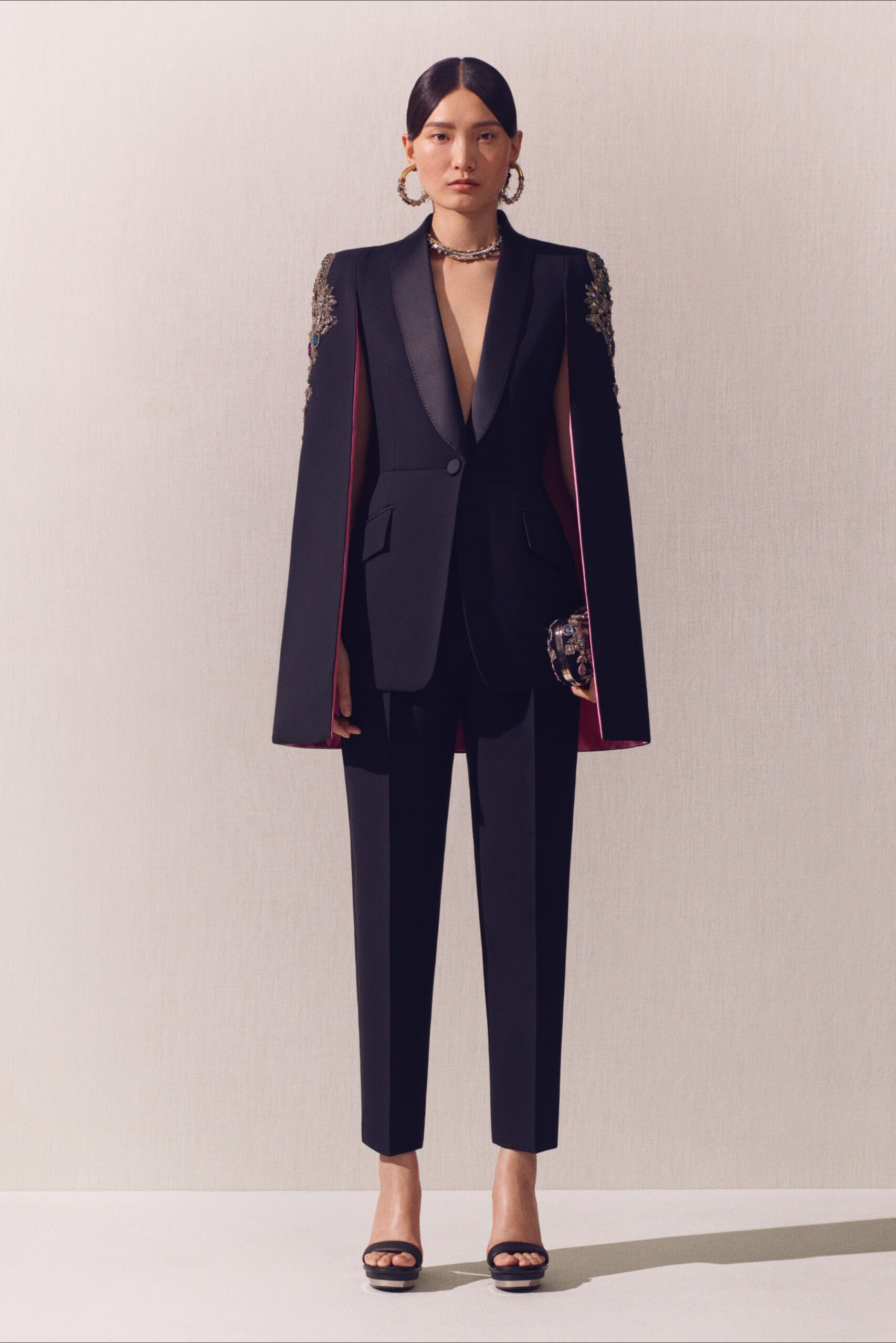 black silk long-sleeve v-neck tailored structured buttoned suit