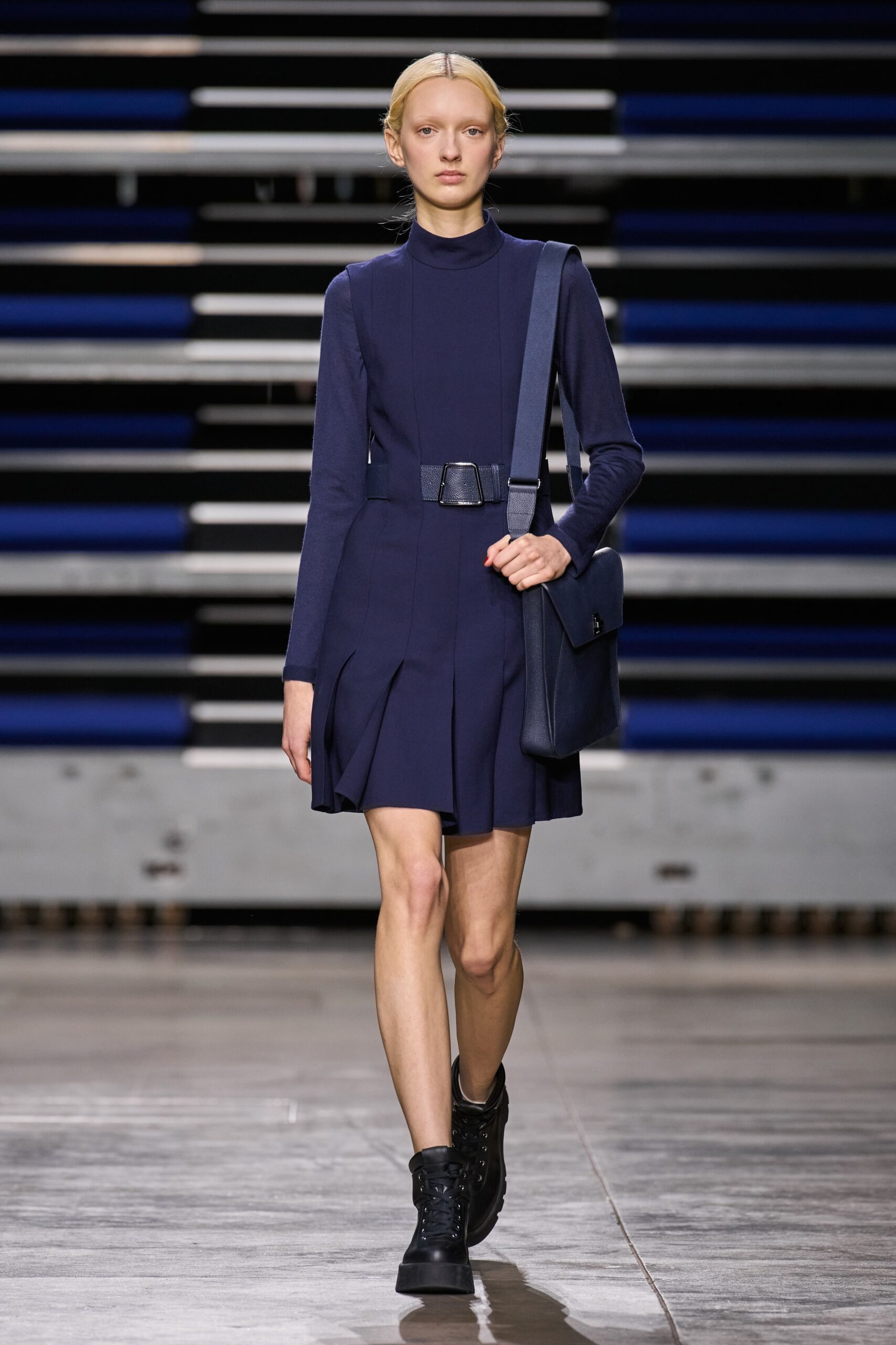 blue fitted long-sleeve dress