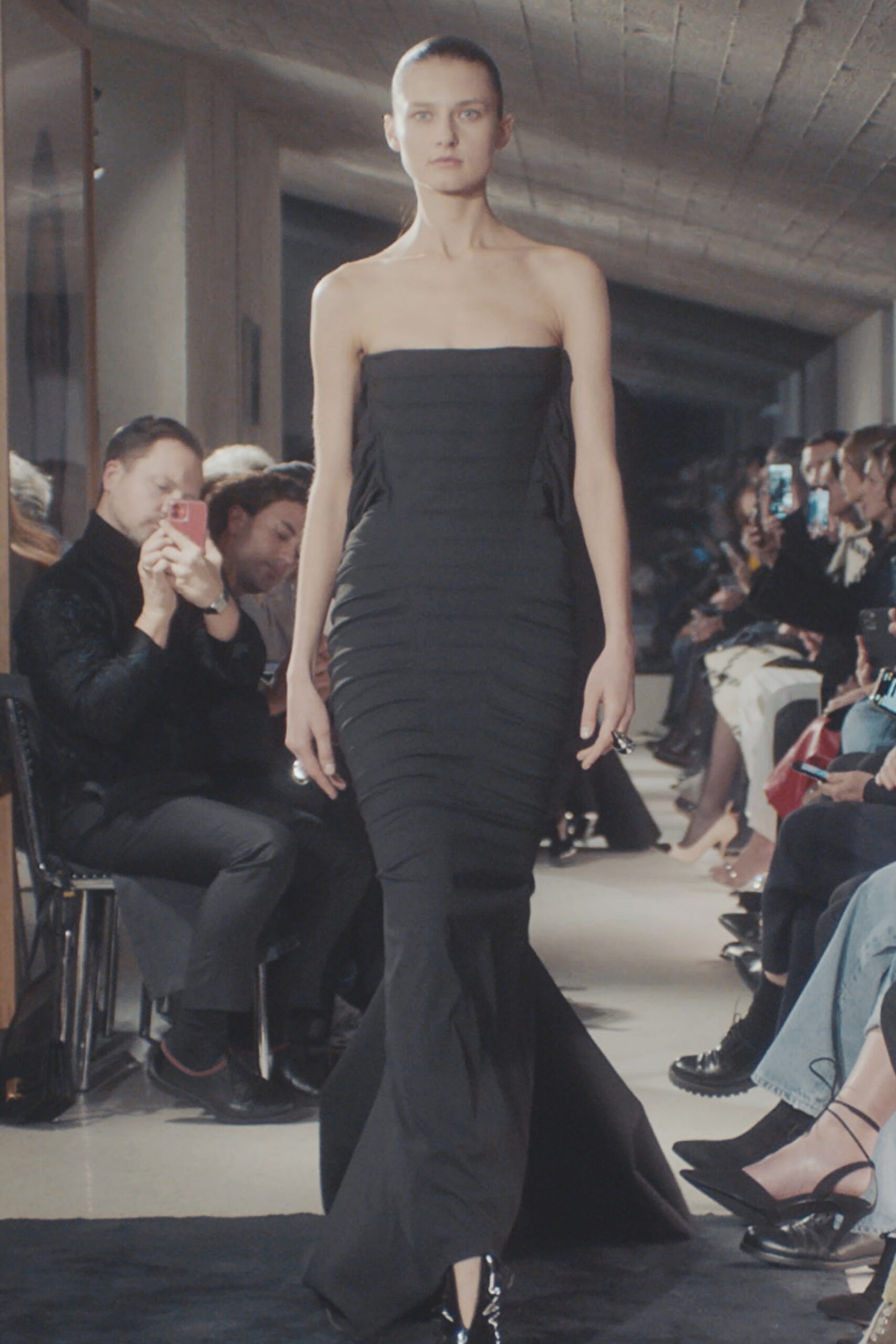 black silk strapless gown