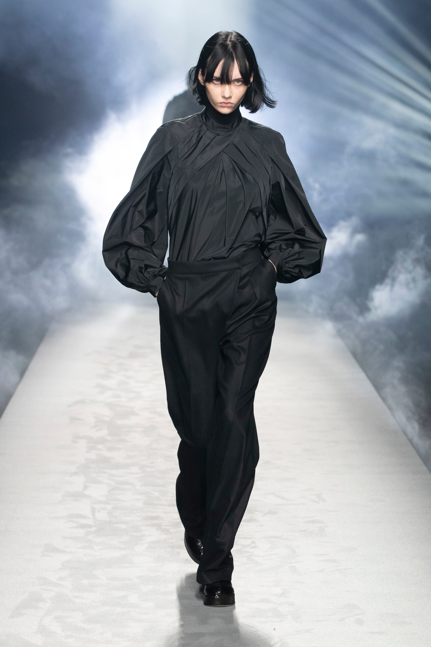 black fitted jumpsuit with pleats