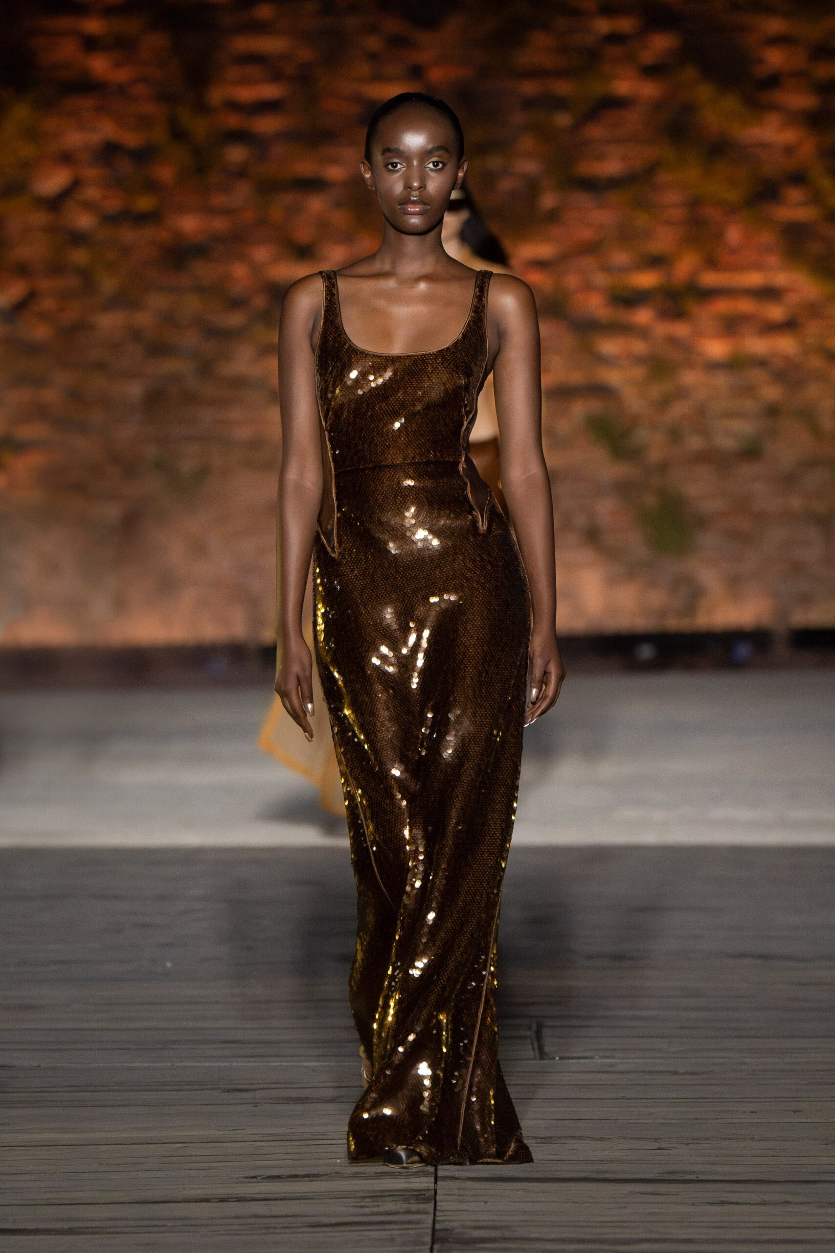 brown sequin fitted gown
