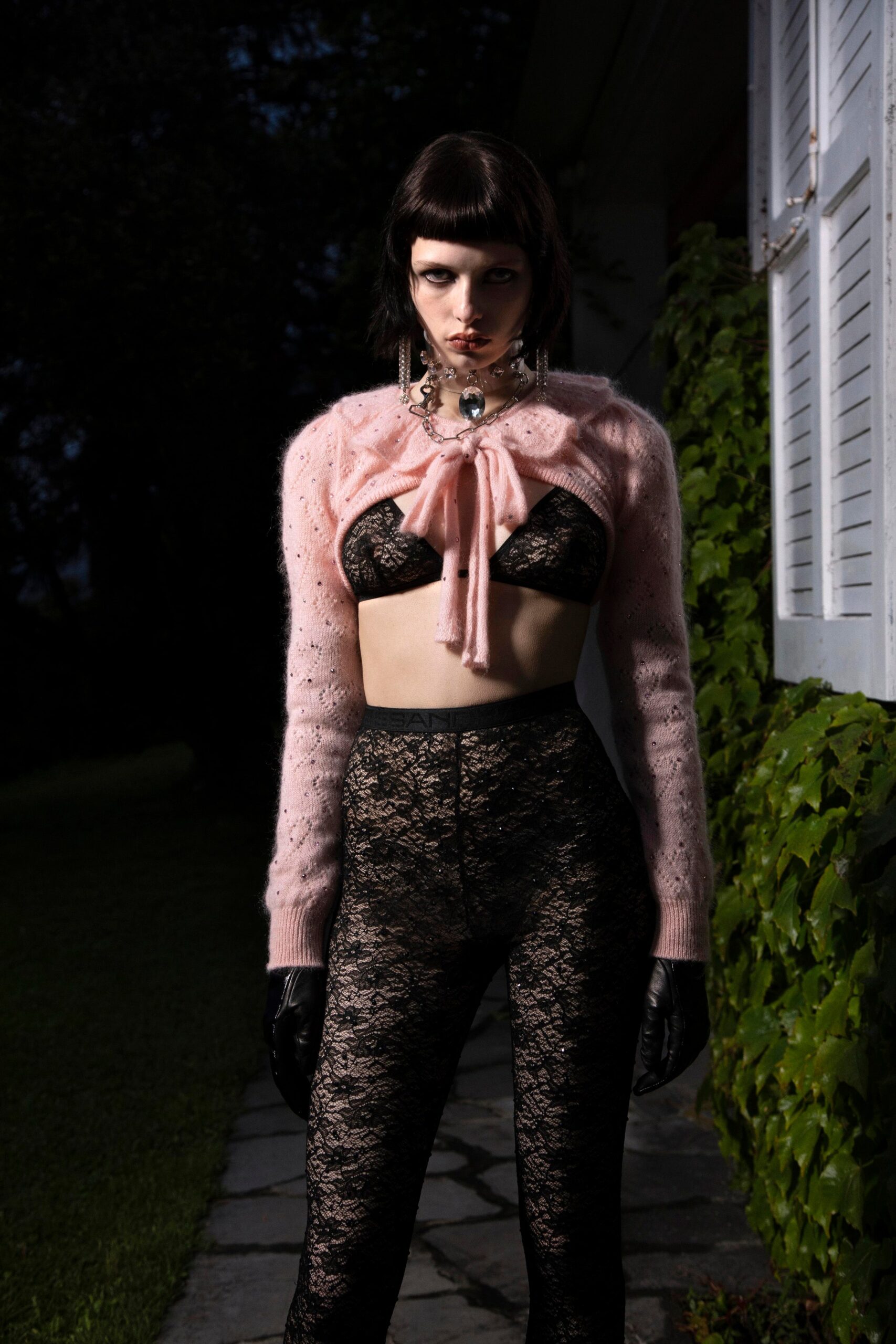 black lace top with pink cardigan