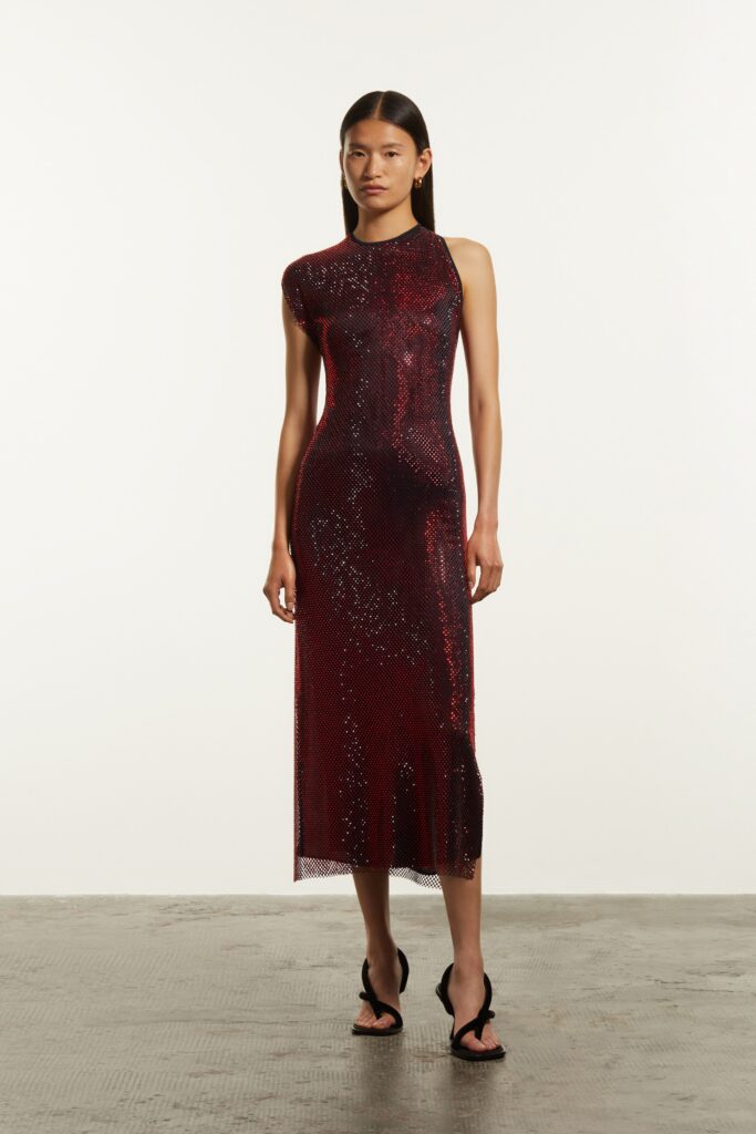 A fitted red mesh dress with a sleeveless design and high-neck construction featuring a slit.
