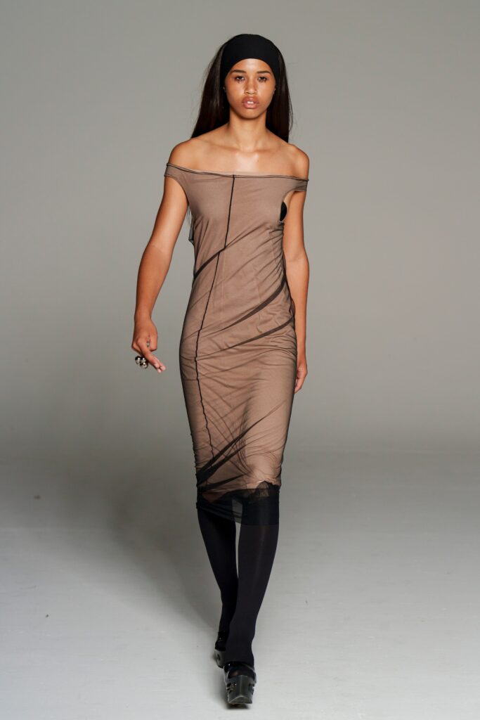 fitted brown silk off-shoulder dress