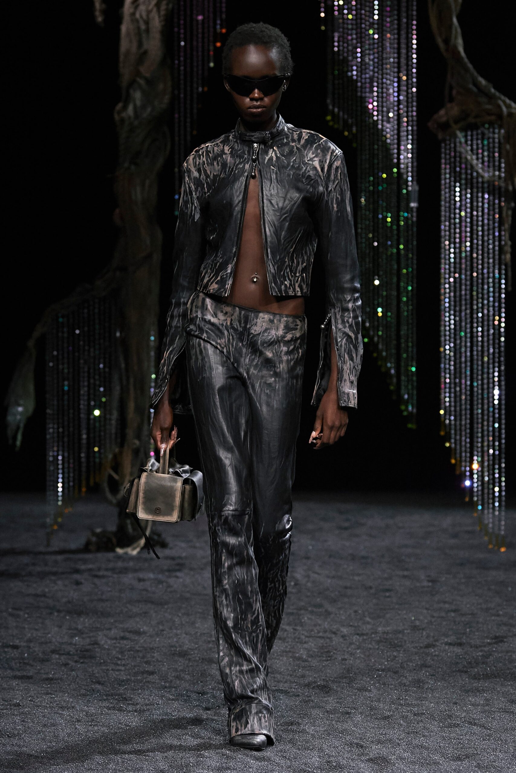 fitted black leather jacket and pants
