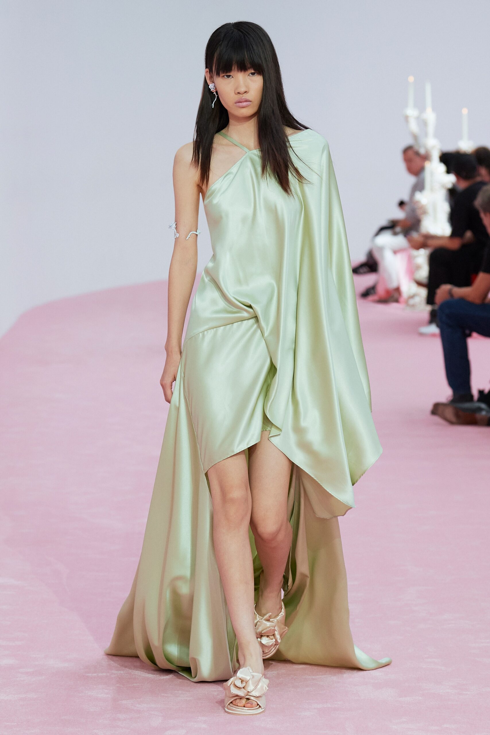 green silk asymmetric dress