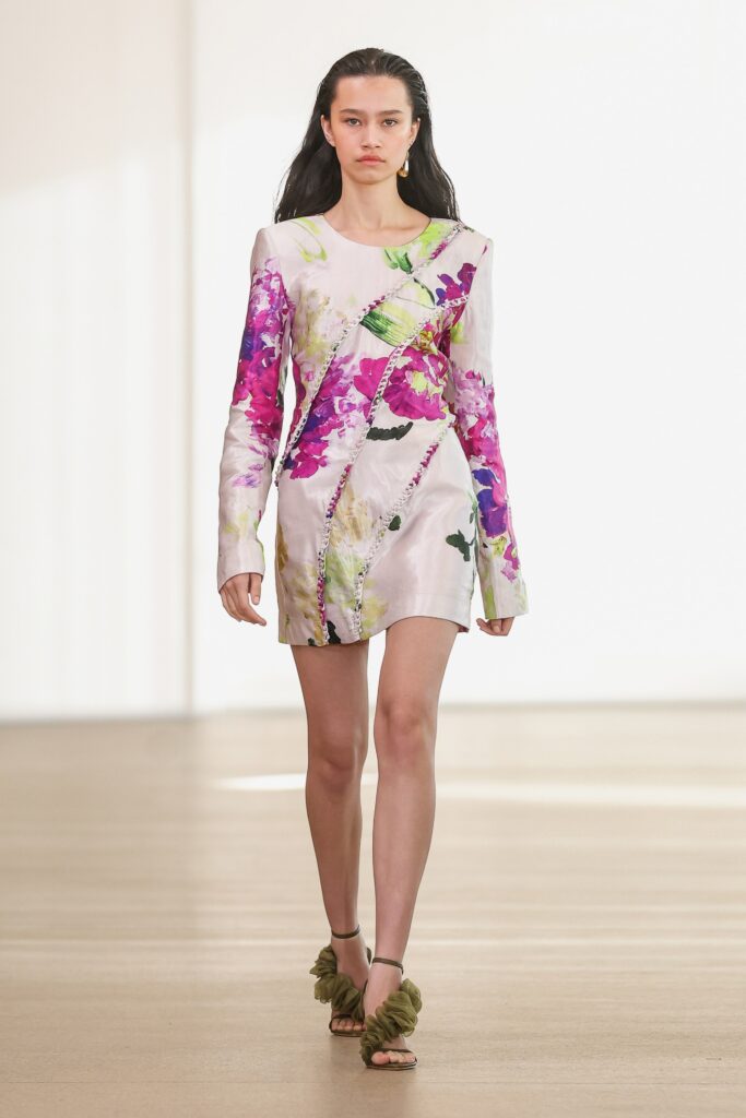A fitted floral silk dress with long sleeves and a V-neckline, perfect for spring fashion.